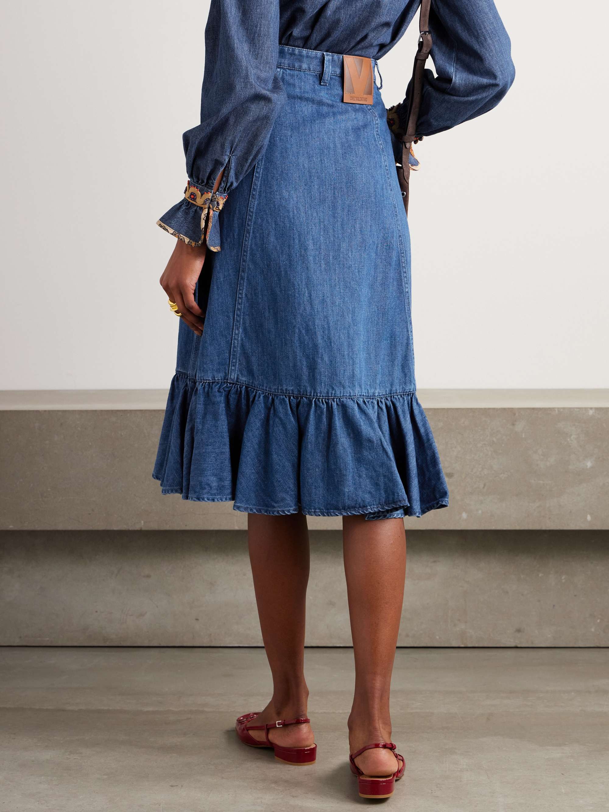 Ruffled denim midi skirt view