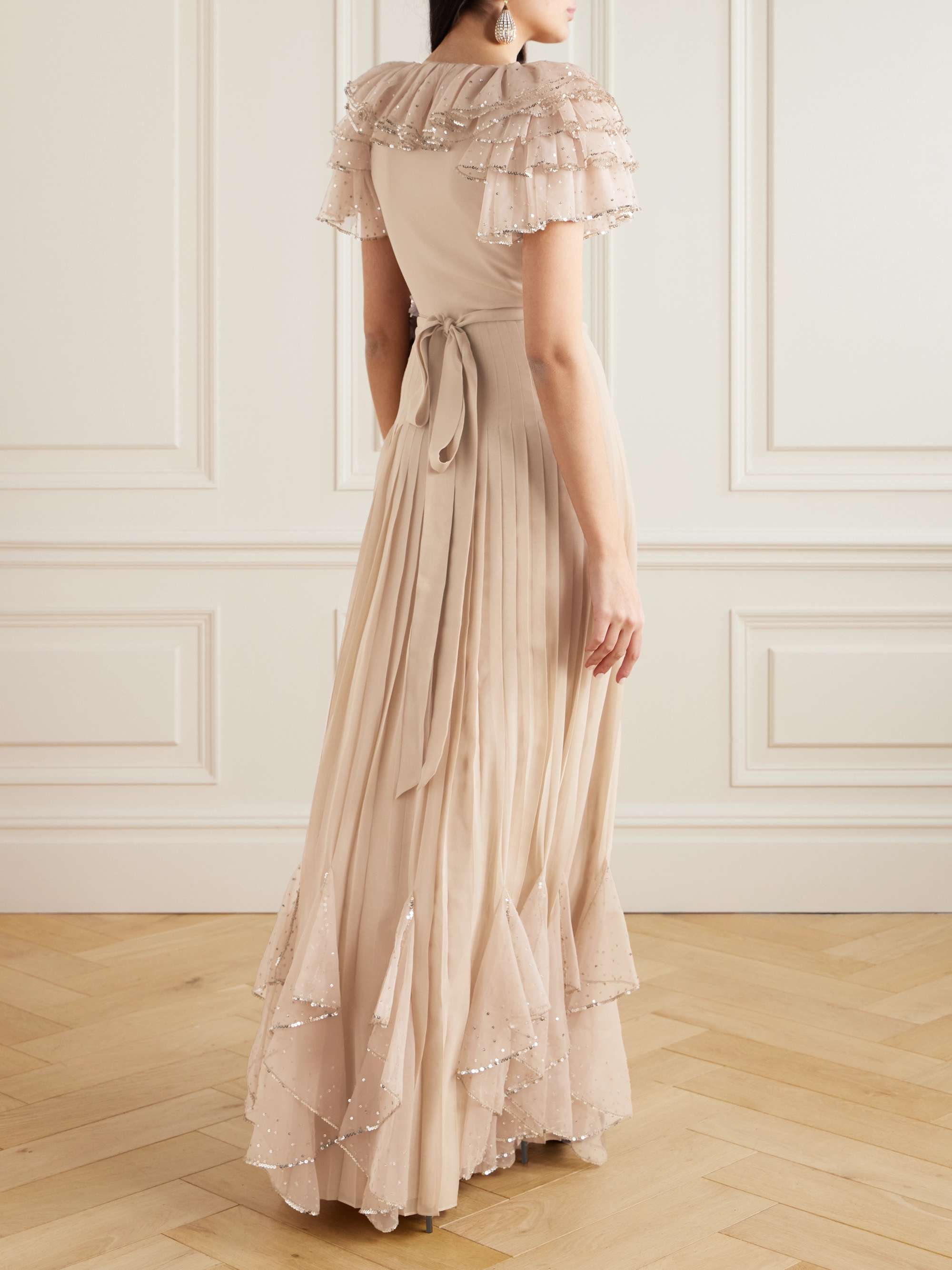 Belted ruffled embellished silk-georgette gown view