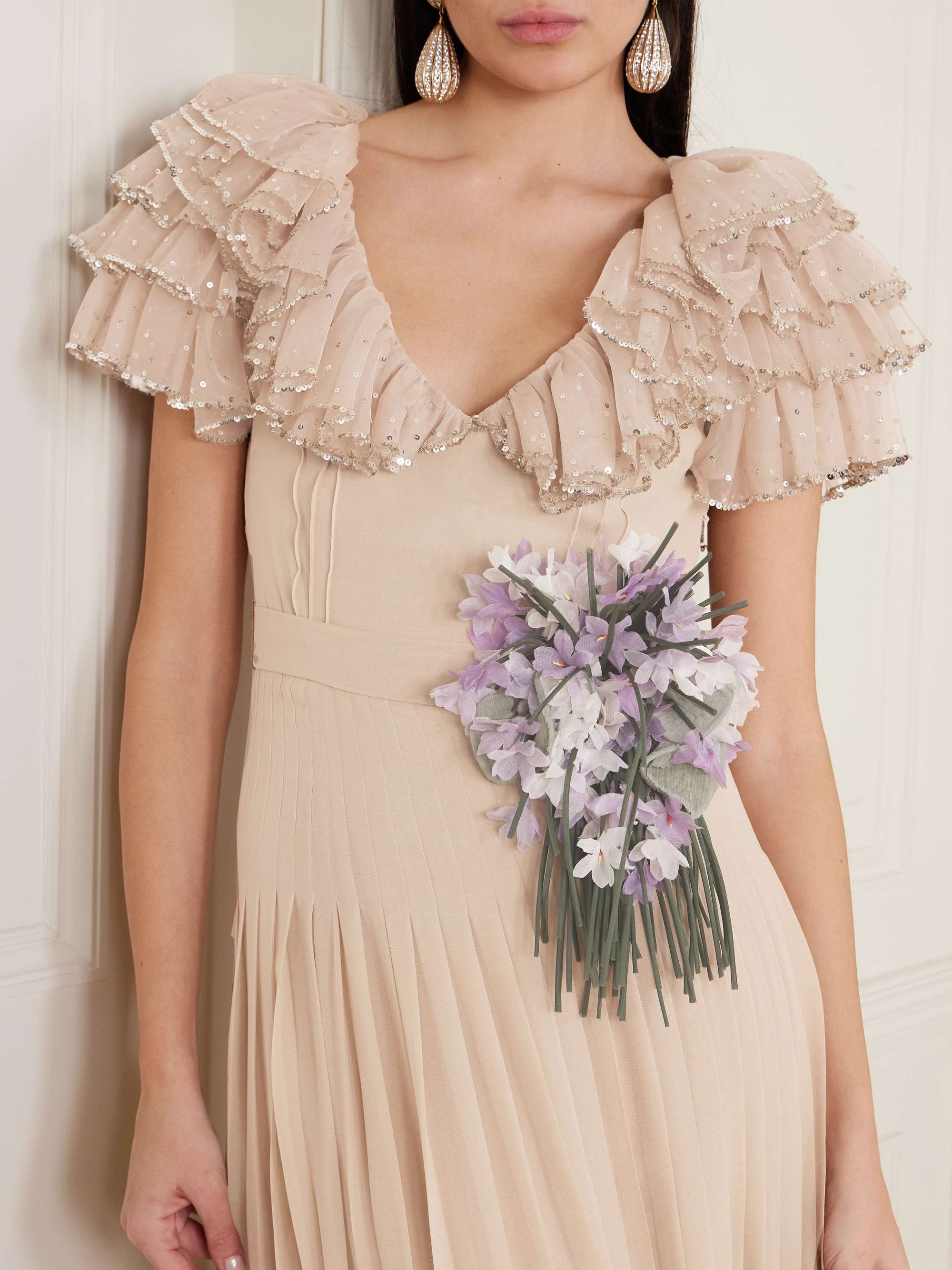 Belted ruffled embellished silk-georgette gown view