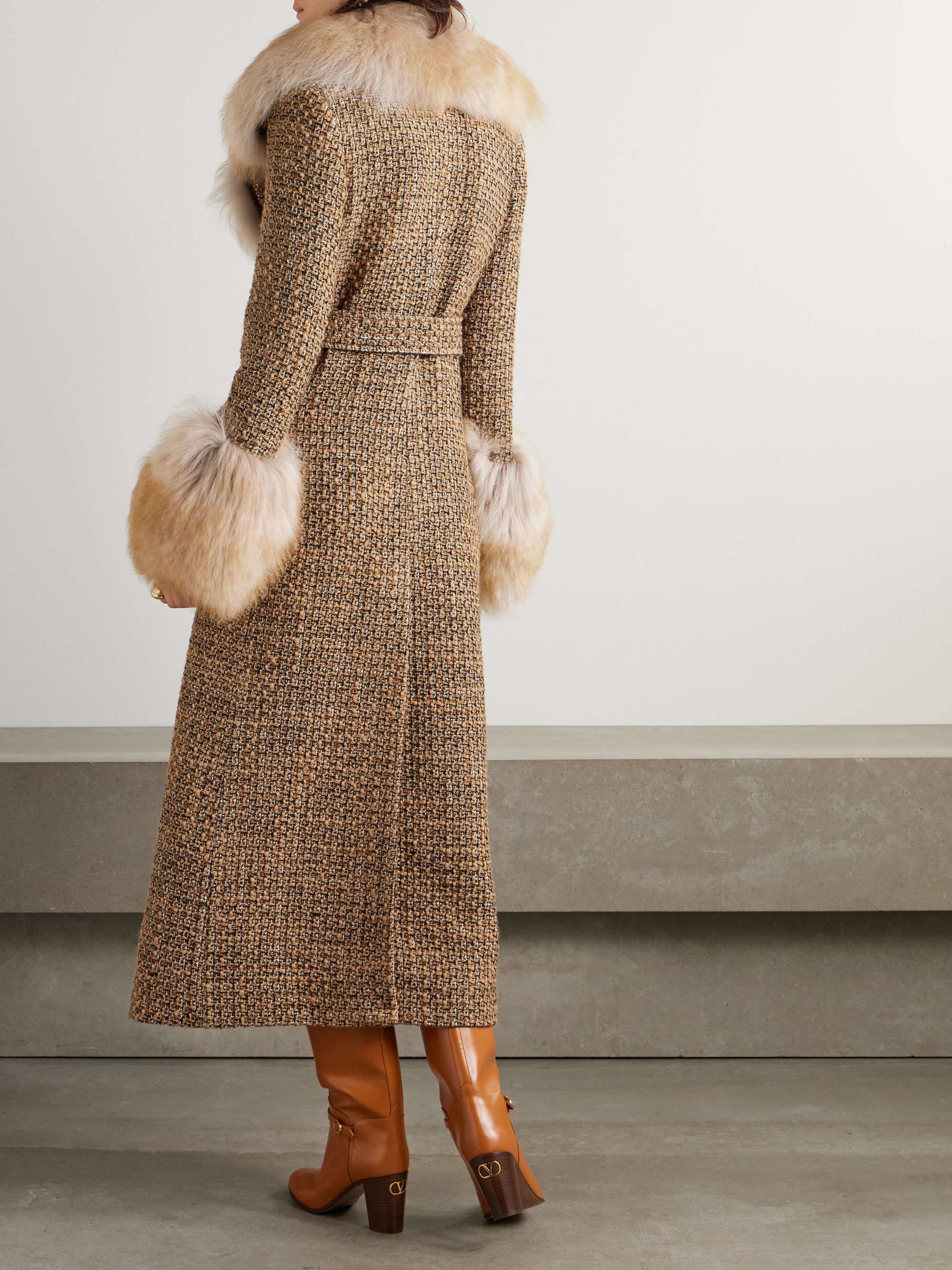 Faux fur-trimmed belted wool-blend tweed coat view