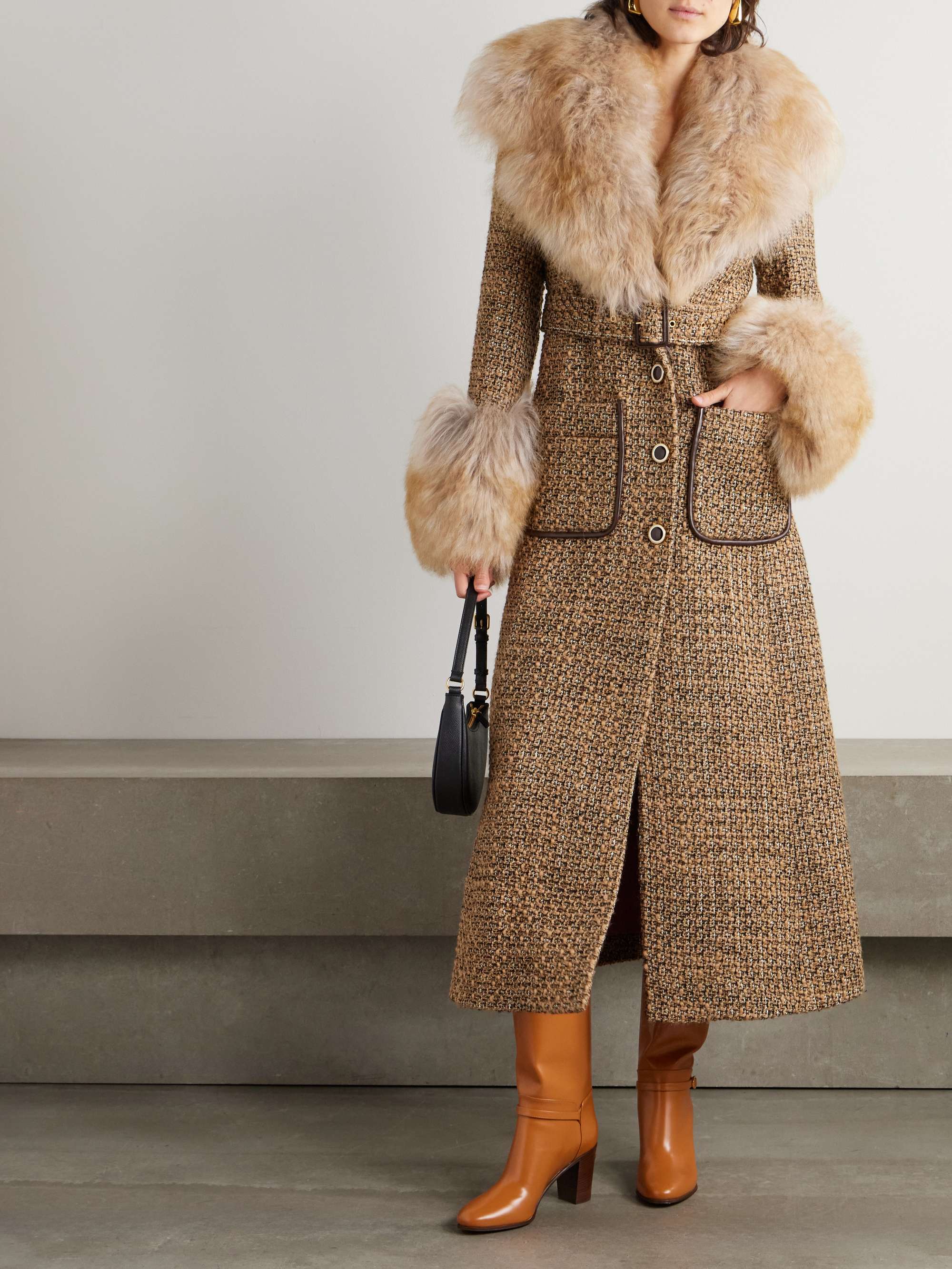 Faux fur-trimmed belted wool-blend tweed coat view