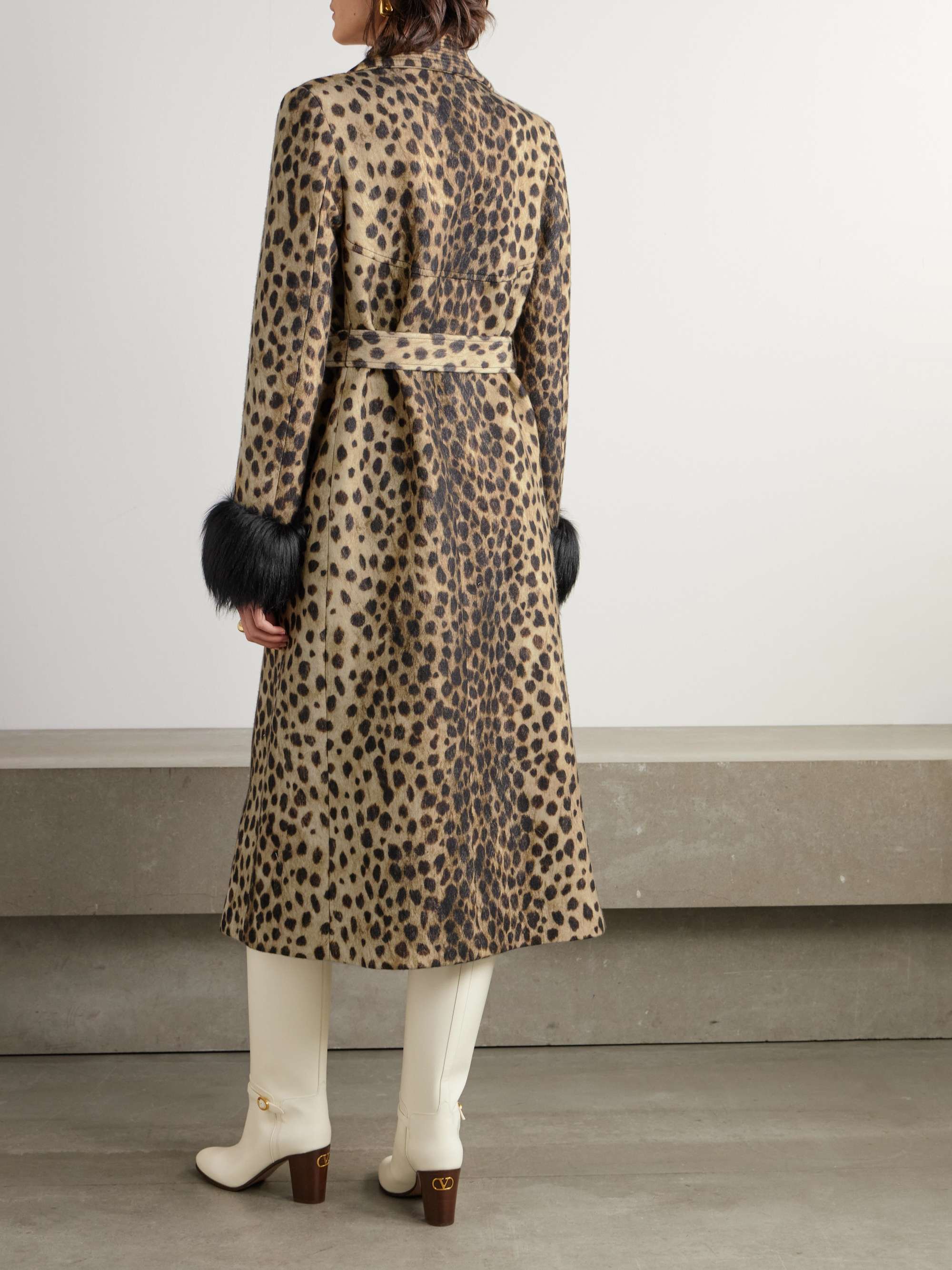Belted faux fur-trimmed embellished cheetah-print wool coat view