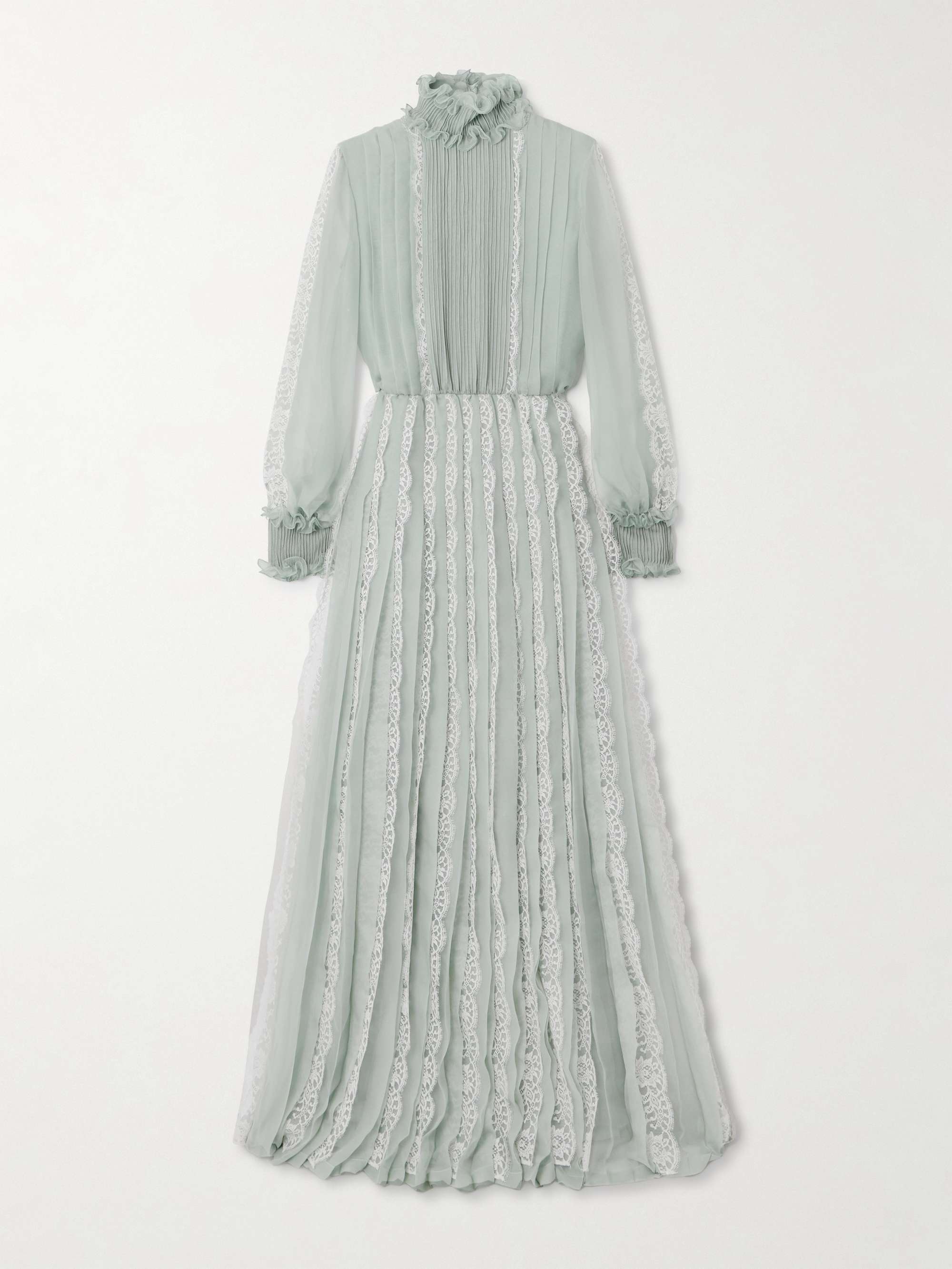 Ruffled lace-trimmed pleated silk-chiffon gown view