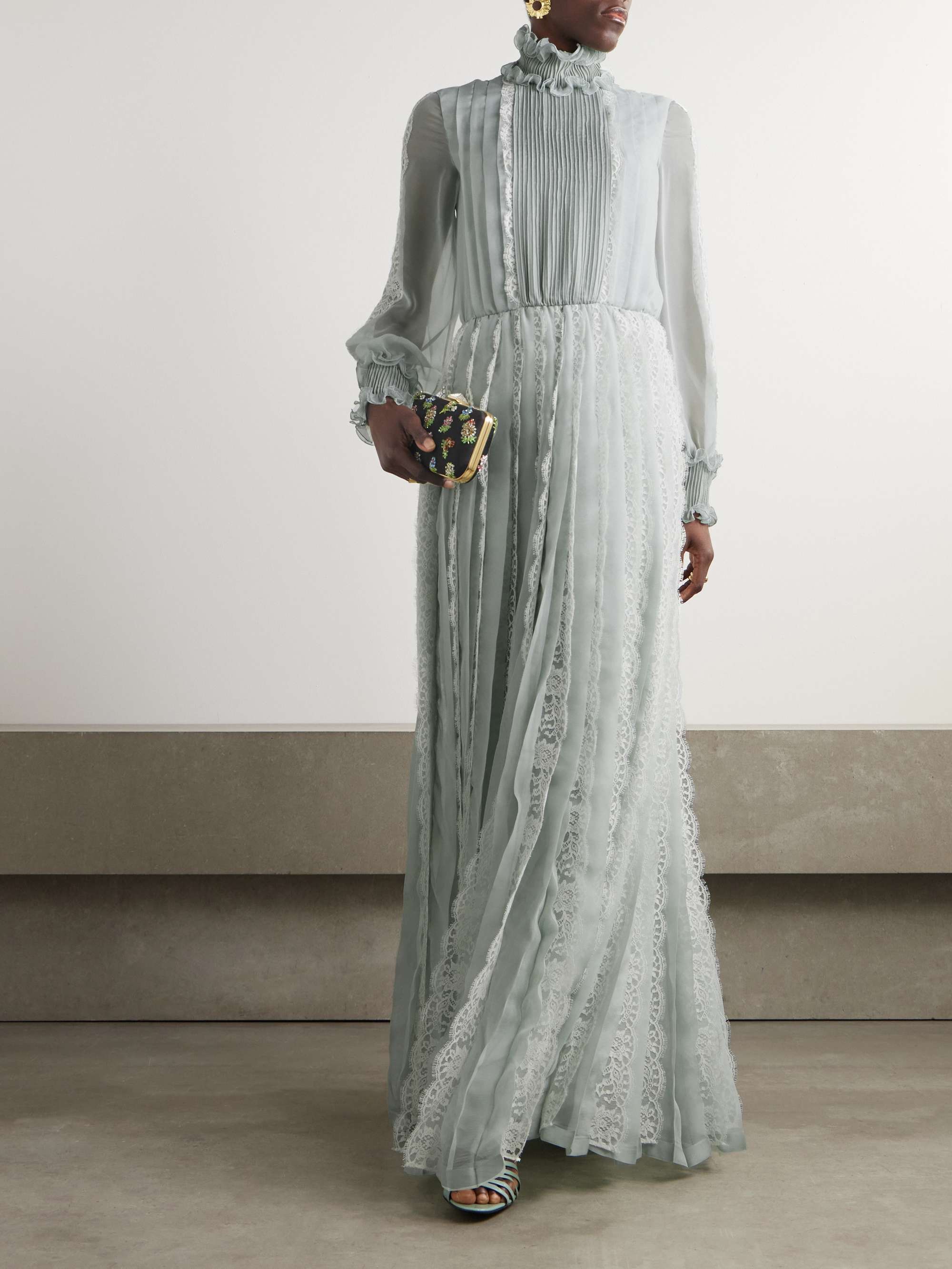 Ruffled lace-trimmed pleated silk-chiffon gown view