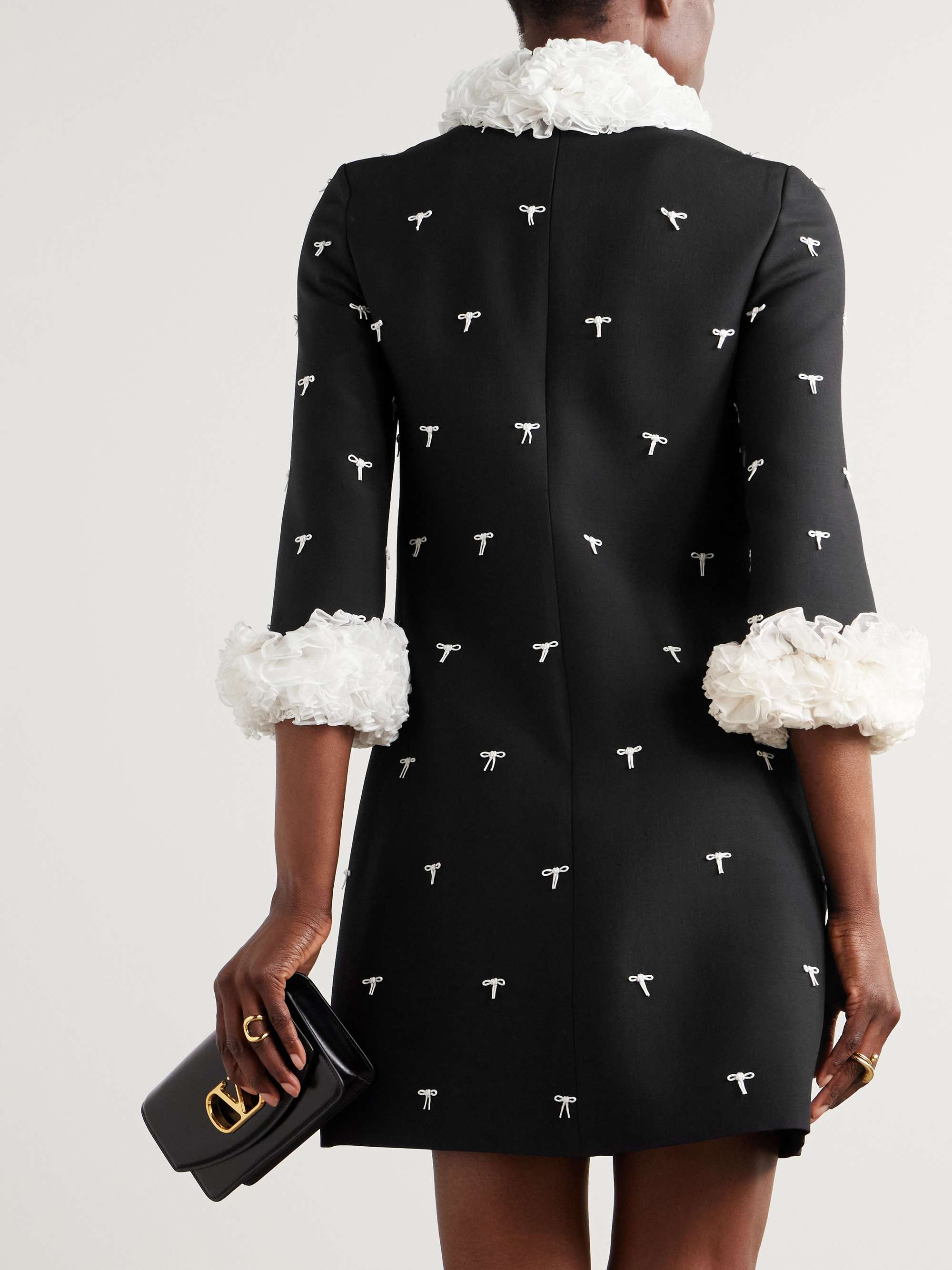 Ruffled bow-detailed embellished mesh-trimmed wool and silk-blend crepe mini dress view