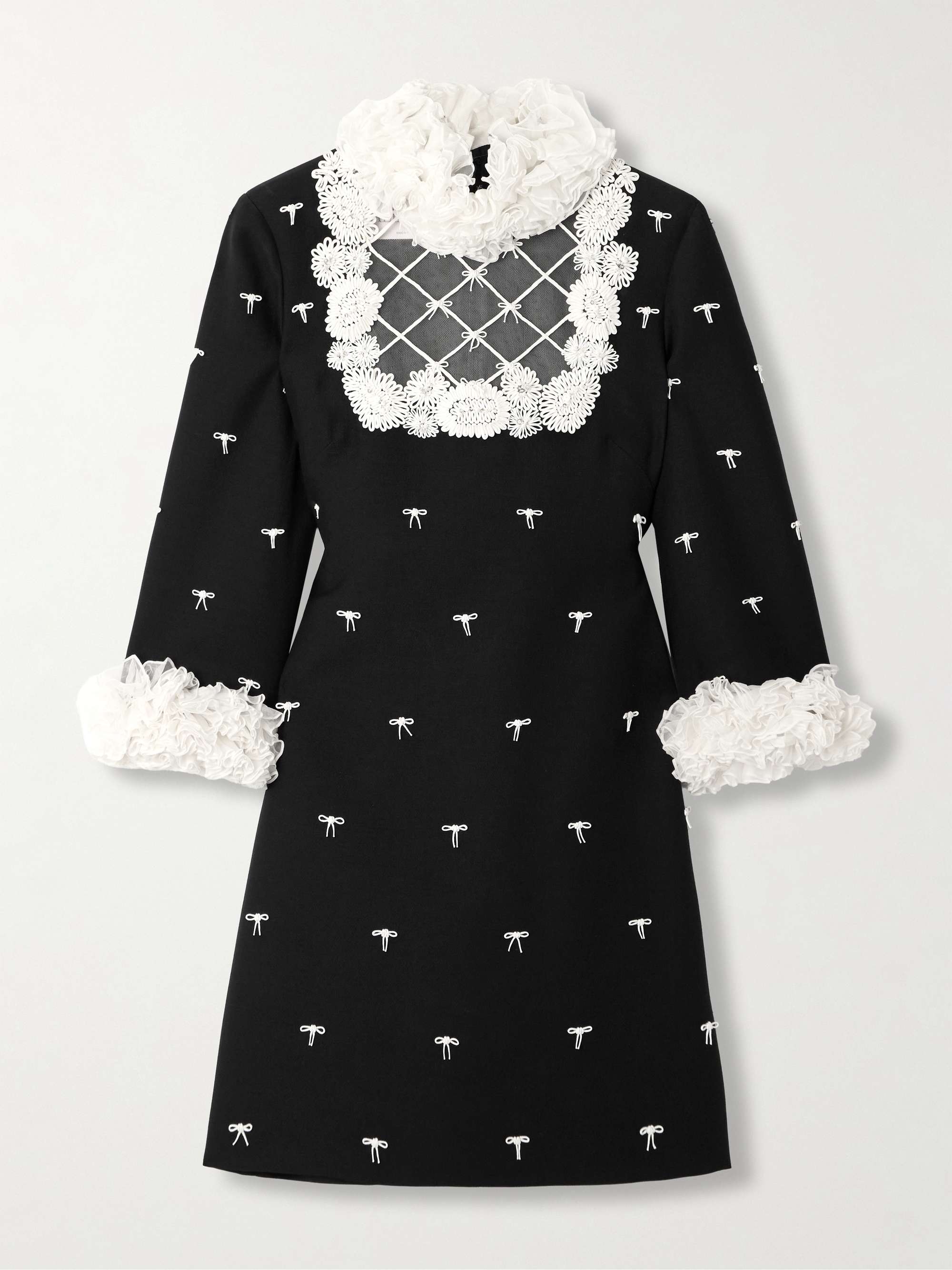 Ruffled bow-detailed embellished mesh-trimmed wool and silk-blend crepe mini dress view