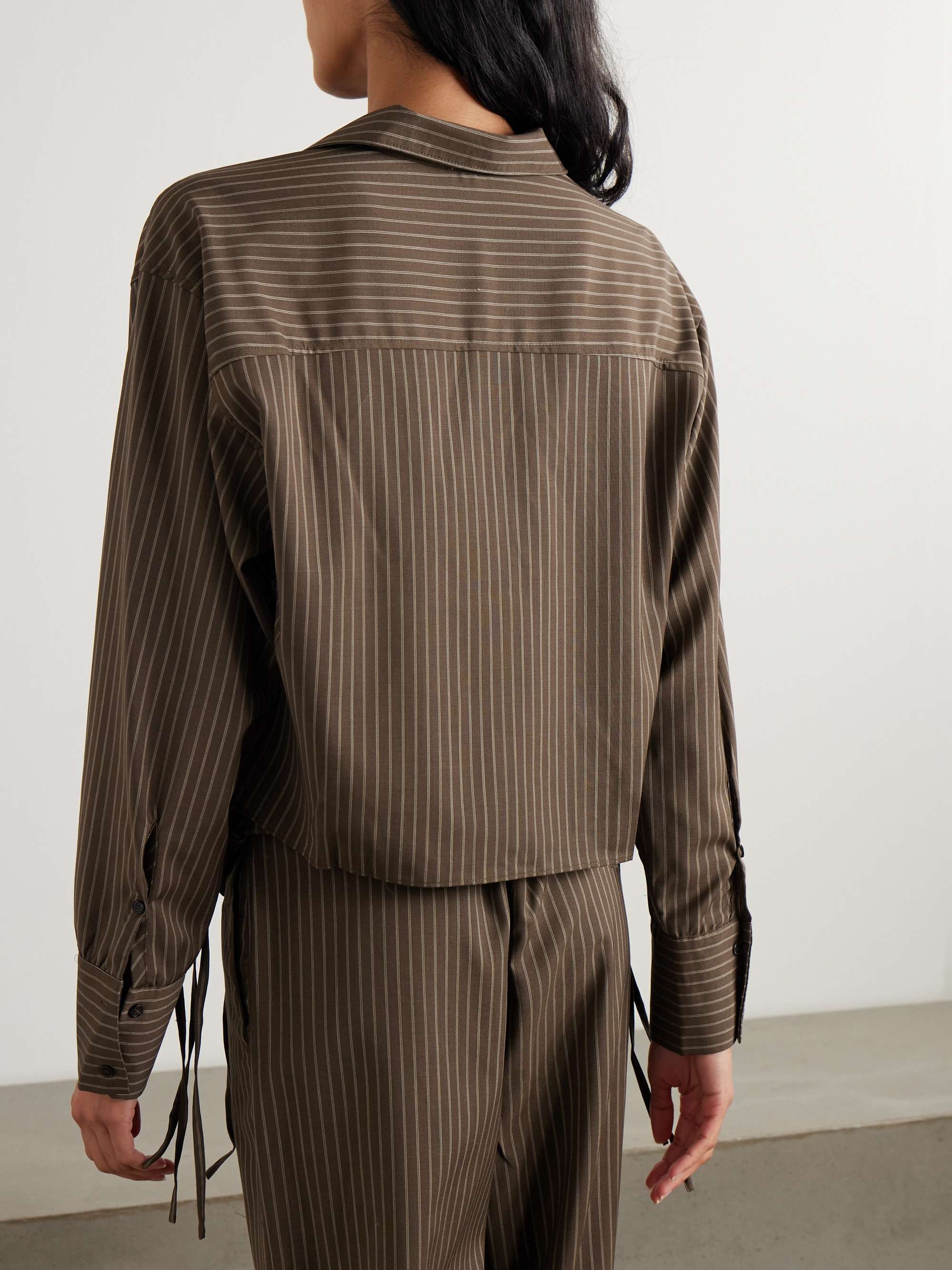 Cropped tie-detailed pinstriped wool shirt view