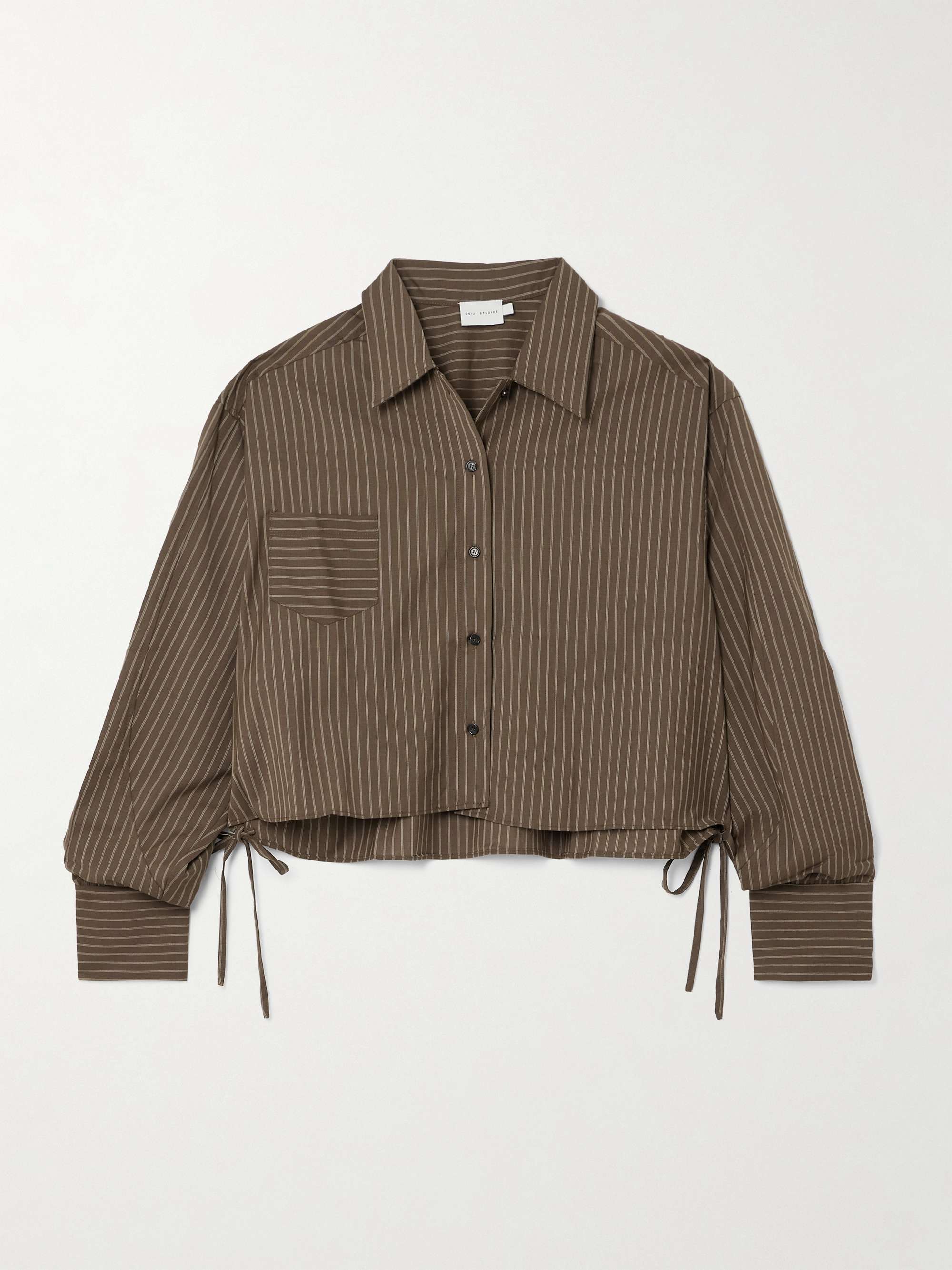 Cropped tie-detailed pinstriped wool shirt view