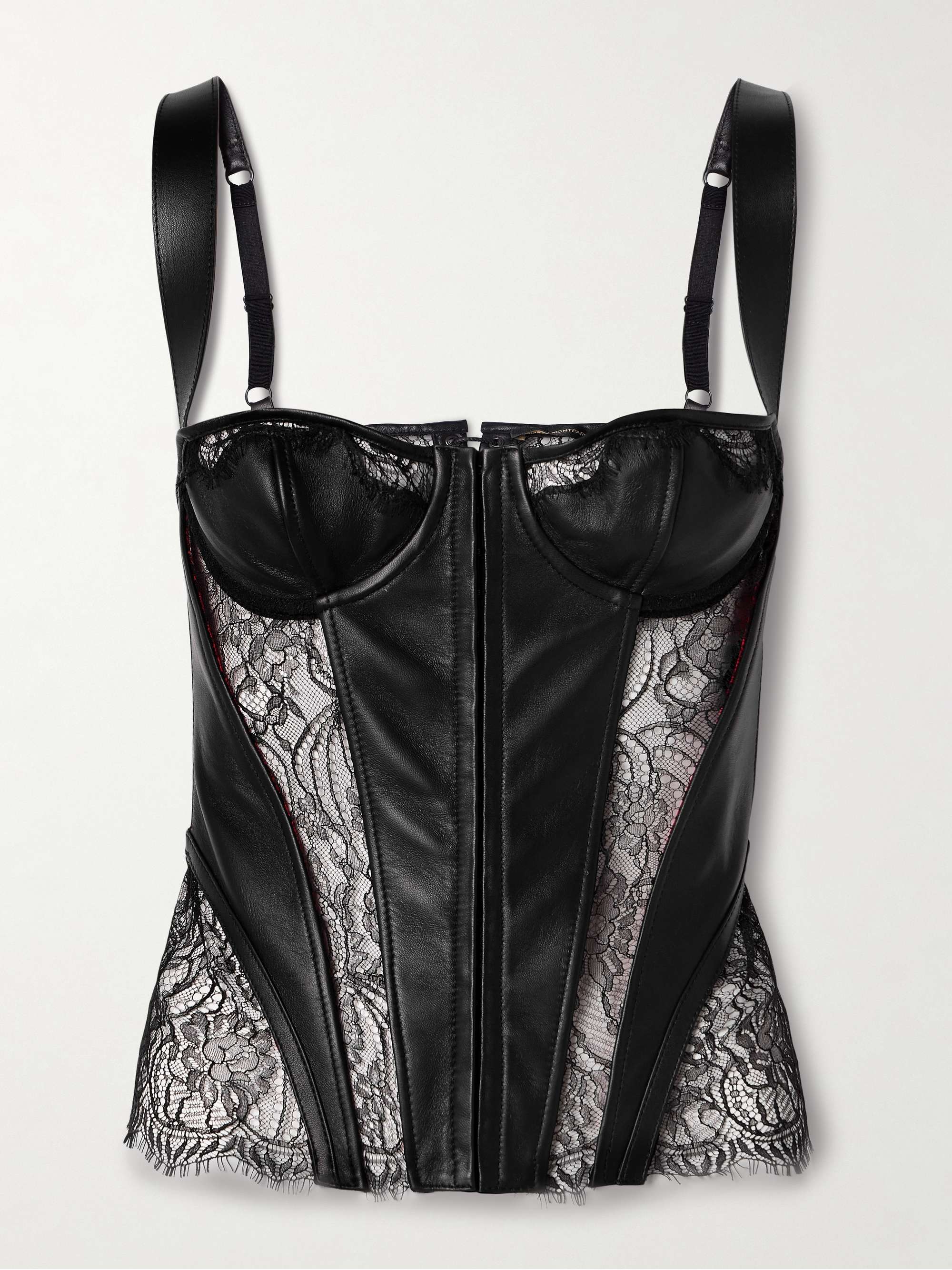 Paneled leather and lace bustier top view