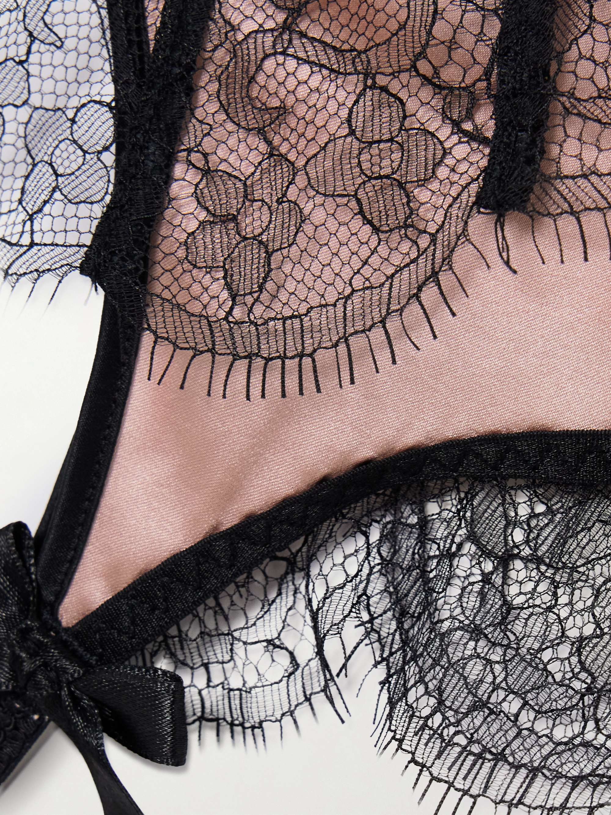 Sammi bow-embellished Leavers lace-trimmed stretch silk-satin suspenders view