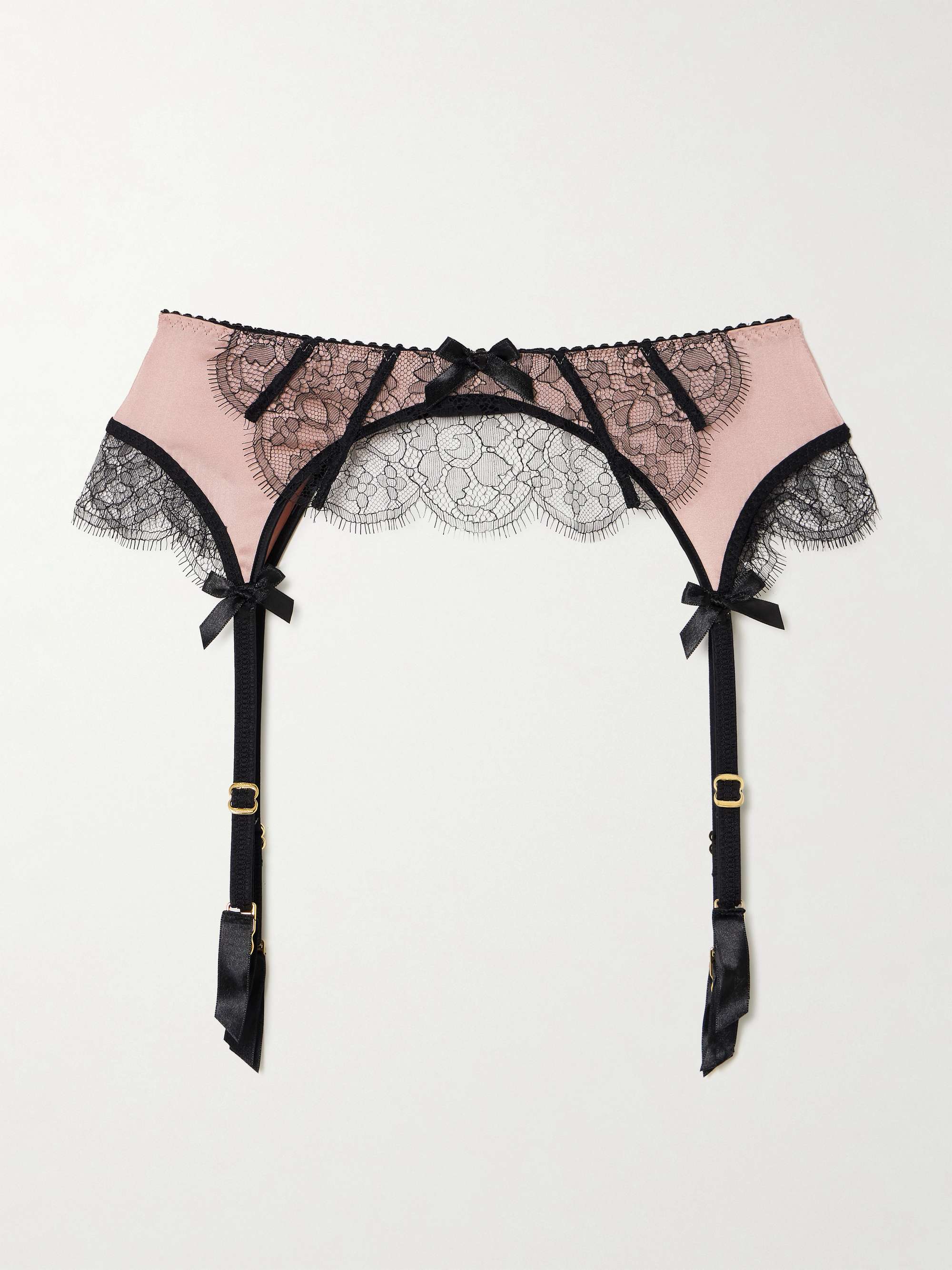 Sammi bow-embellished Leavers lace-trimmed stretch silk-satin suspenders view