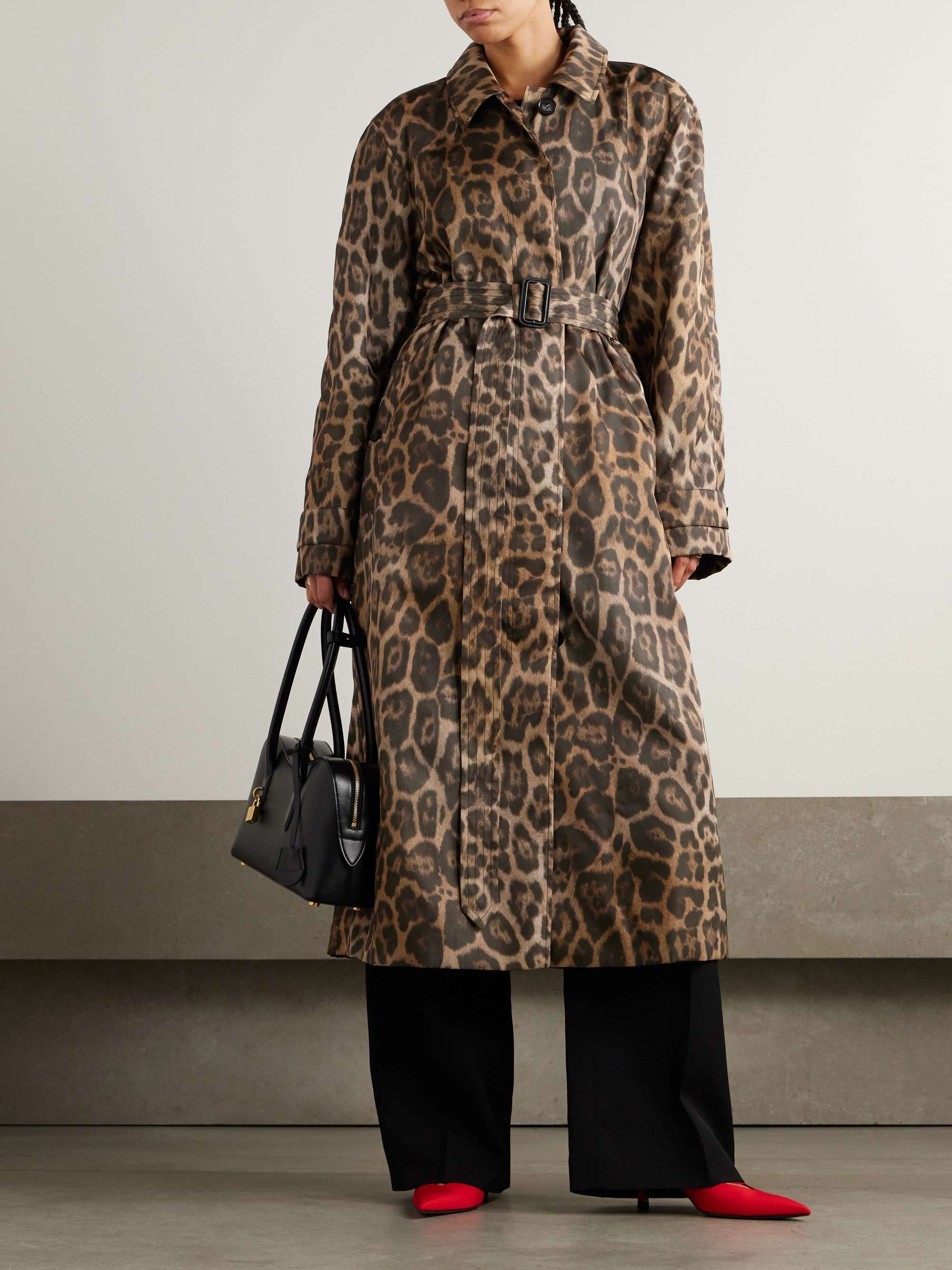 Belted leopard-print recycled-shell trench coat view