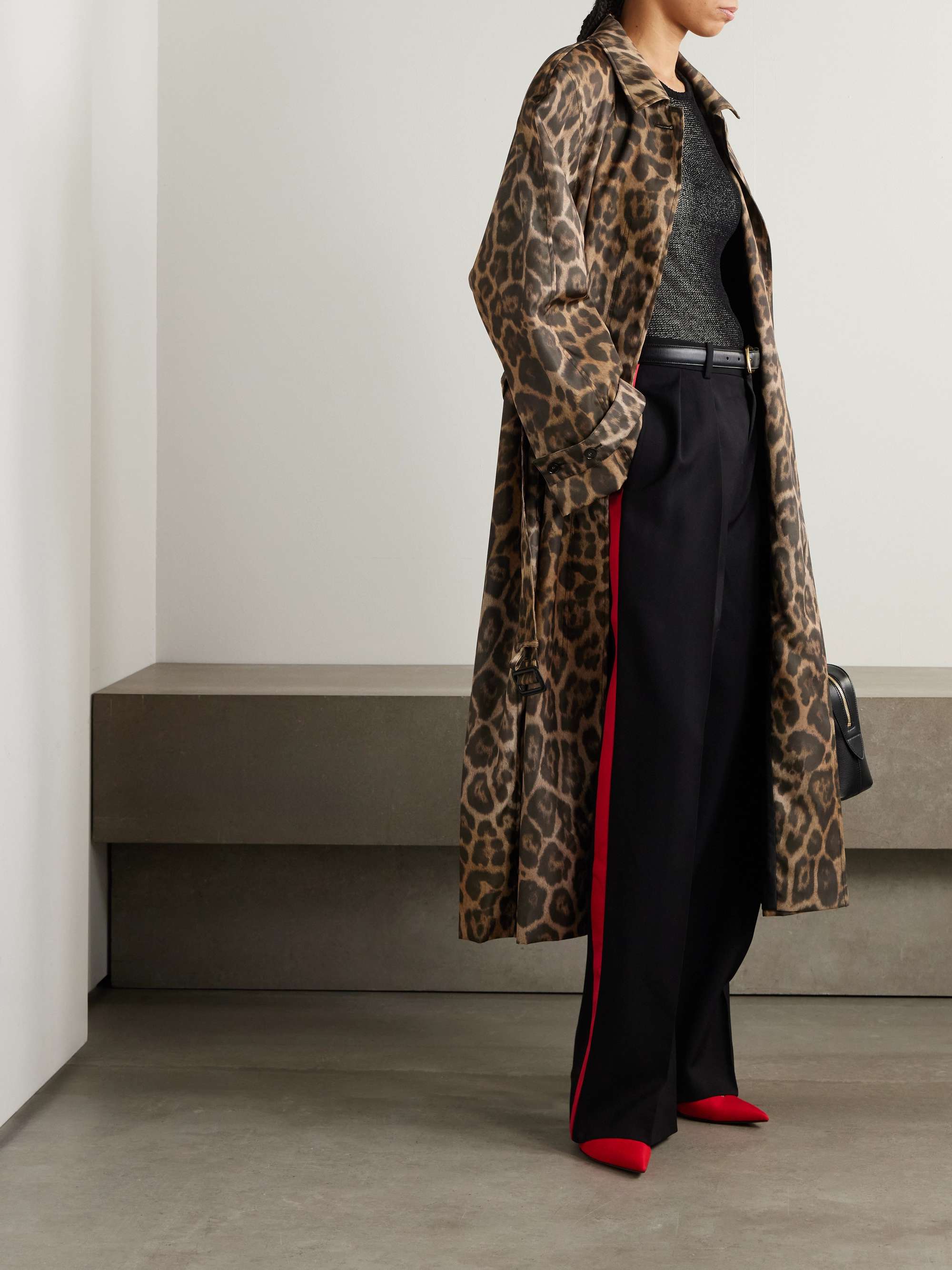Belted leopard-print recycled-shell trench coat view