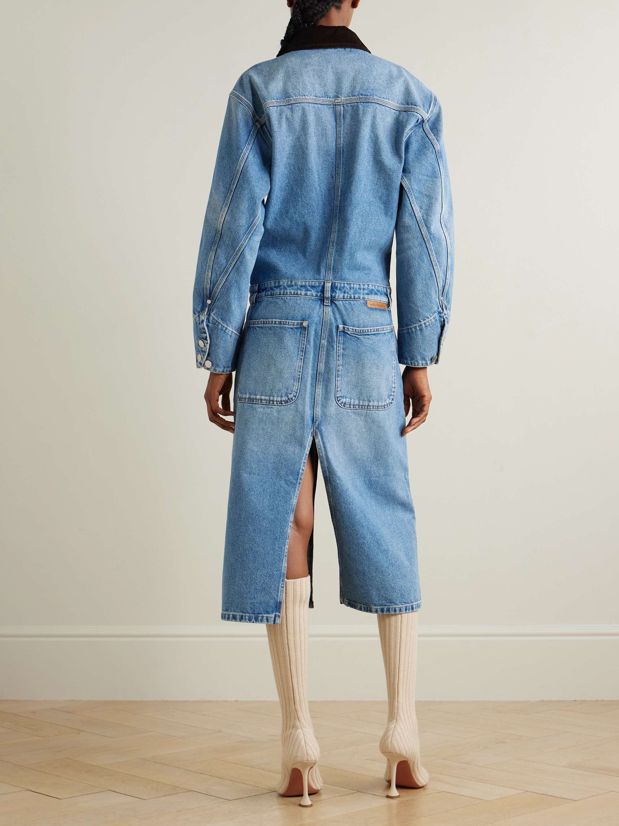 Corduroy-trimmed denim dress view