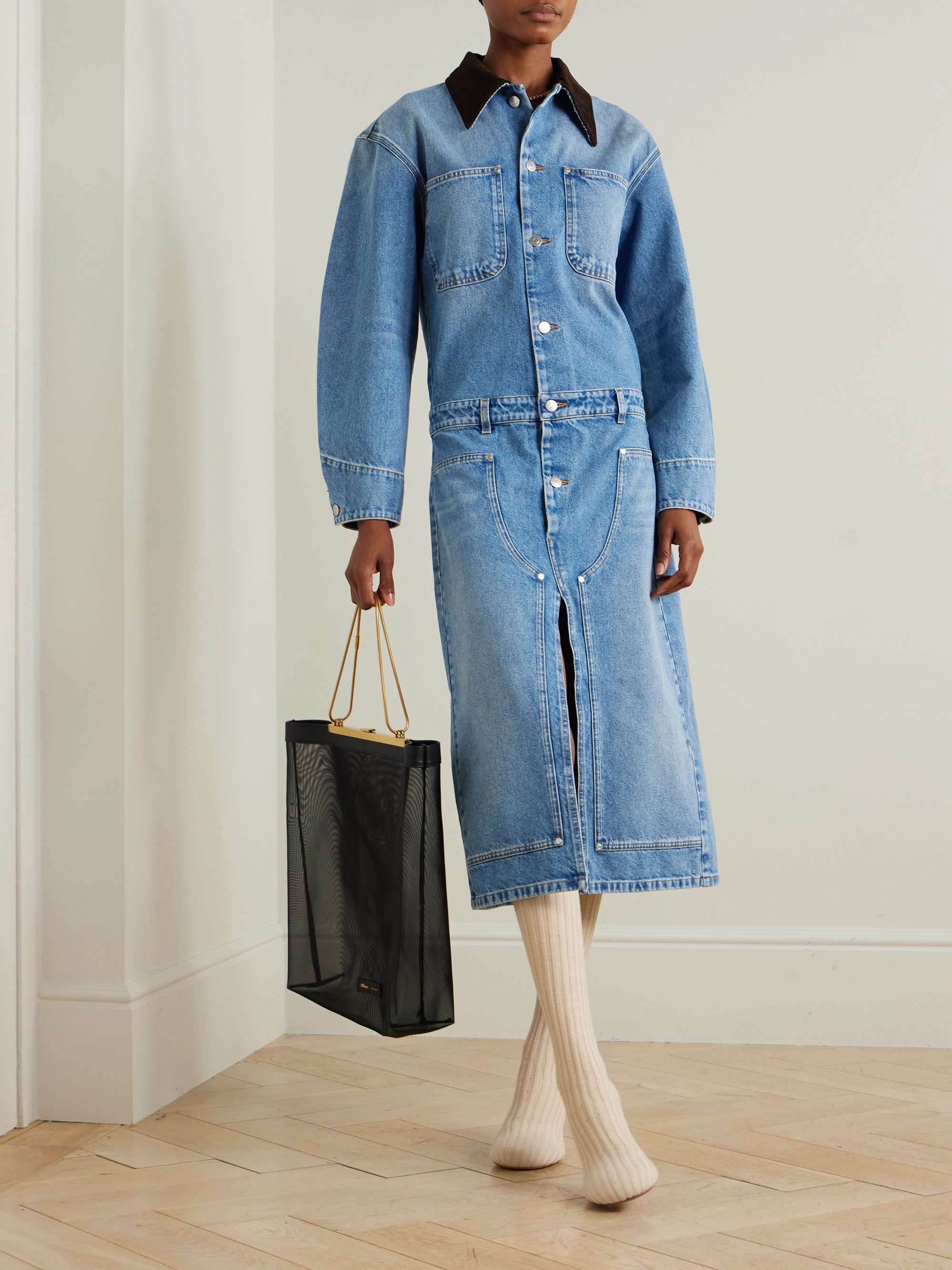 Corduroy-trimmed denim dress view