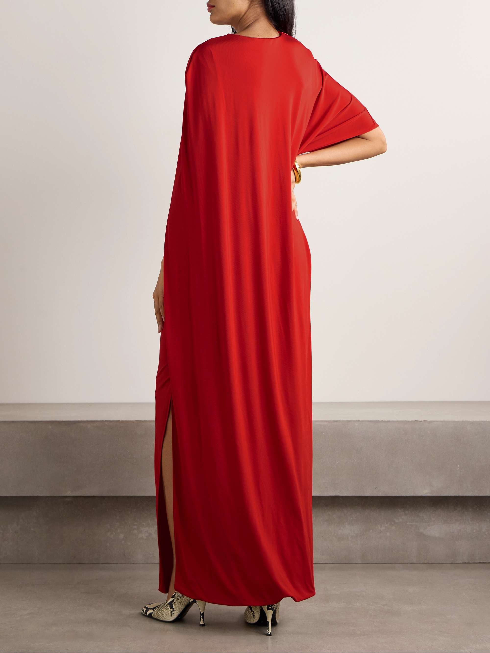Asymmetric cape-effect stretch-satin gown view