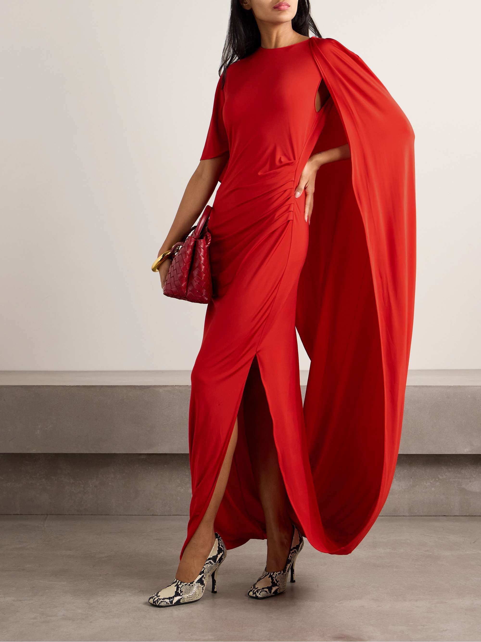 Asymmetric cape-effect stretch-satin gown view