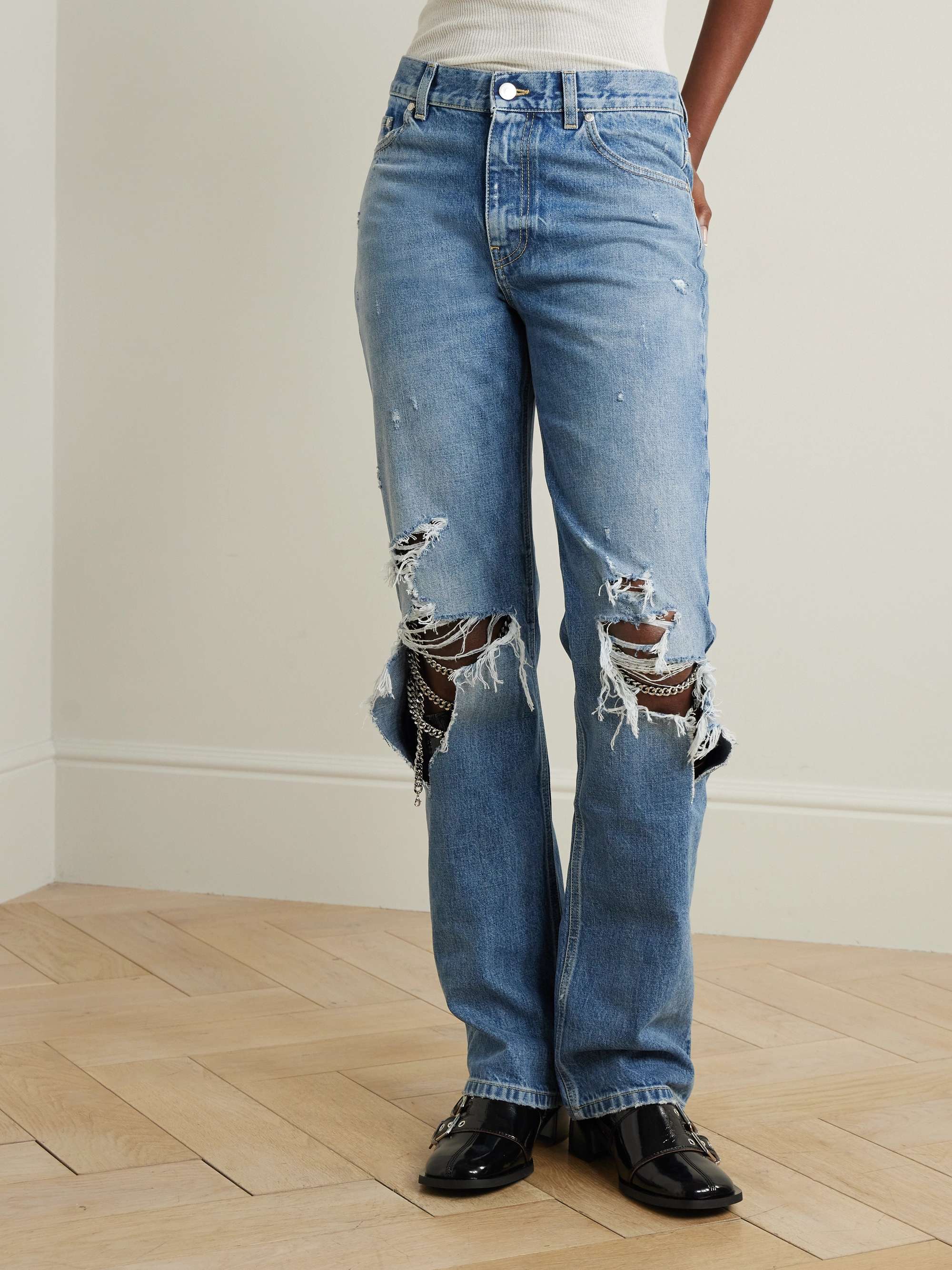 Falabella distressed embellished high-rise straight-leg jeans view