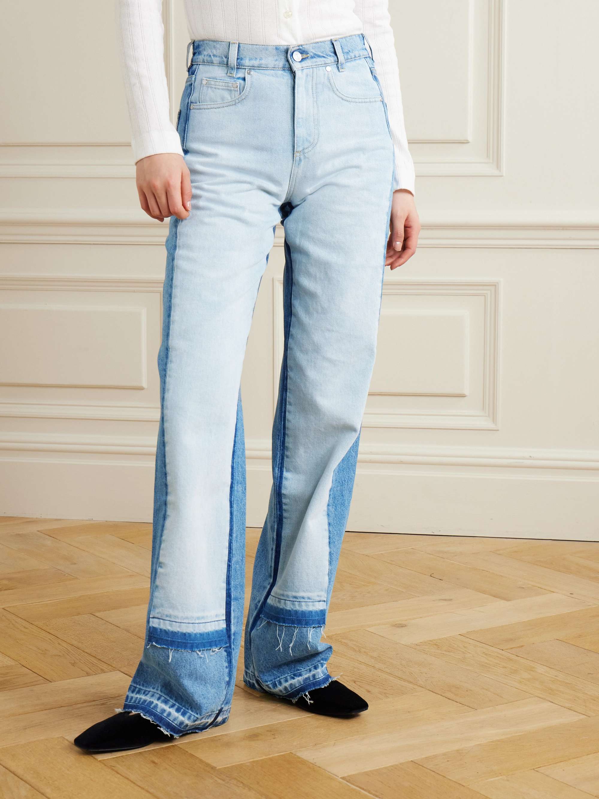 Paneled distressed mid-rise wide-leg jeans view