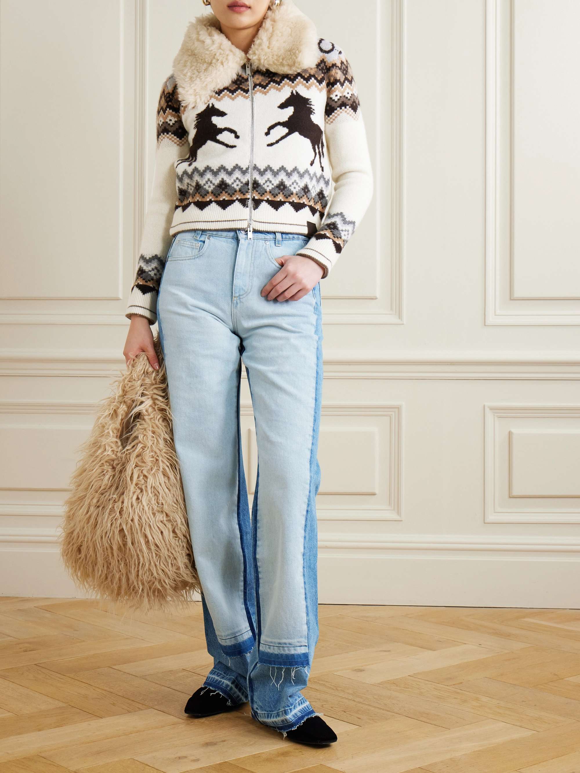 Paneled distressed mid-rise wide-leg jeans view
