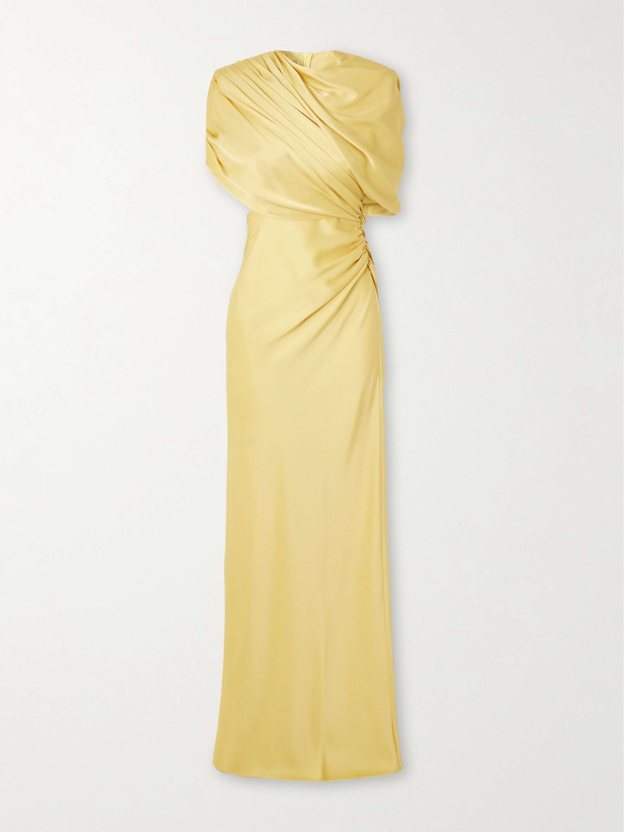 Open-back cape-effect draped satin gown view