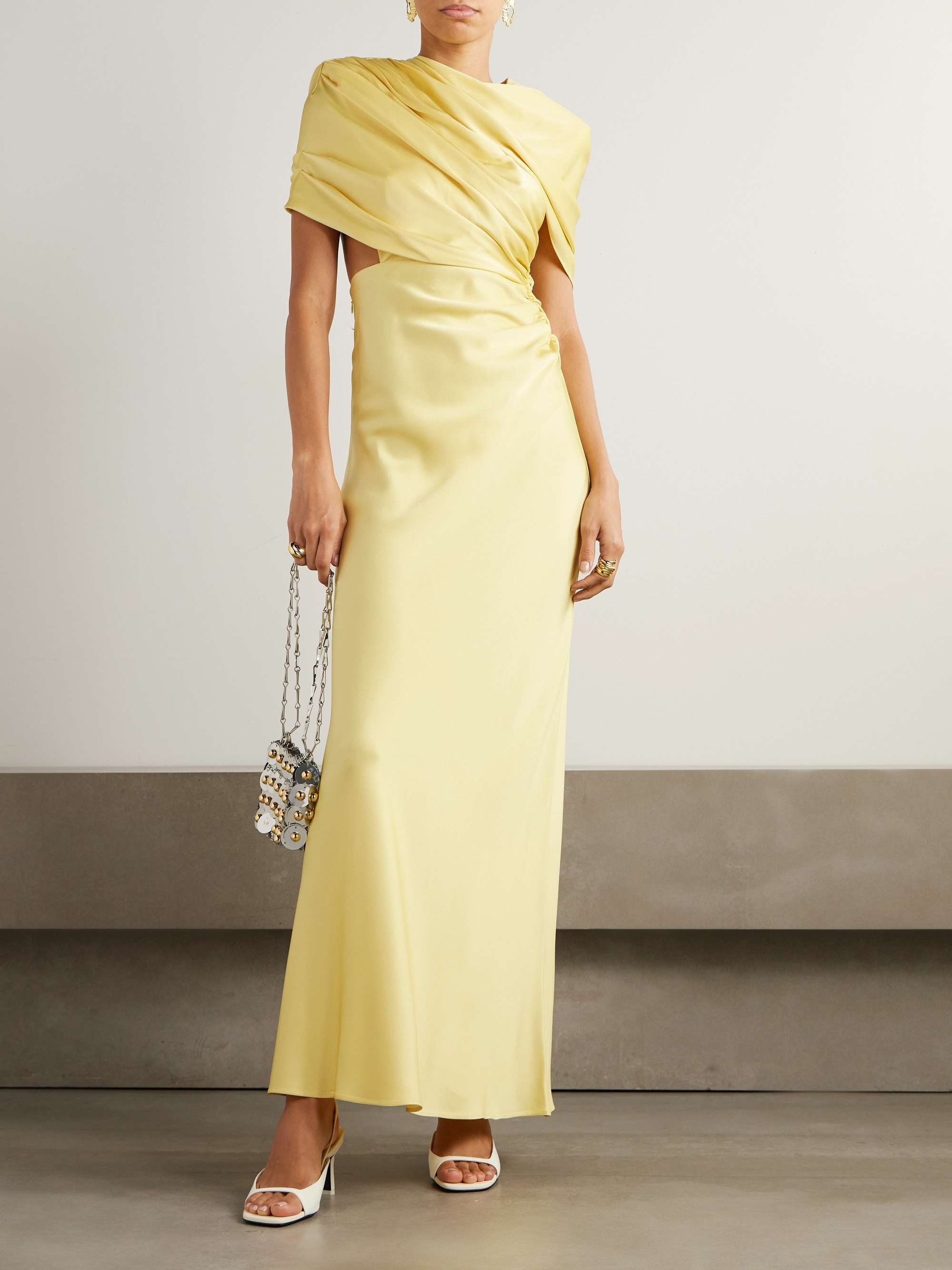 Open-back cape-effect draped satin gown view