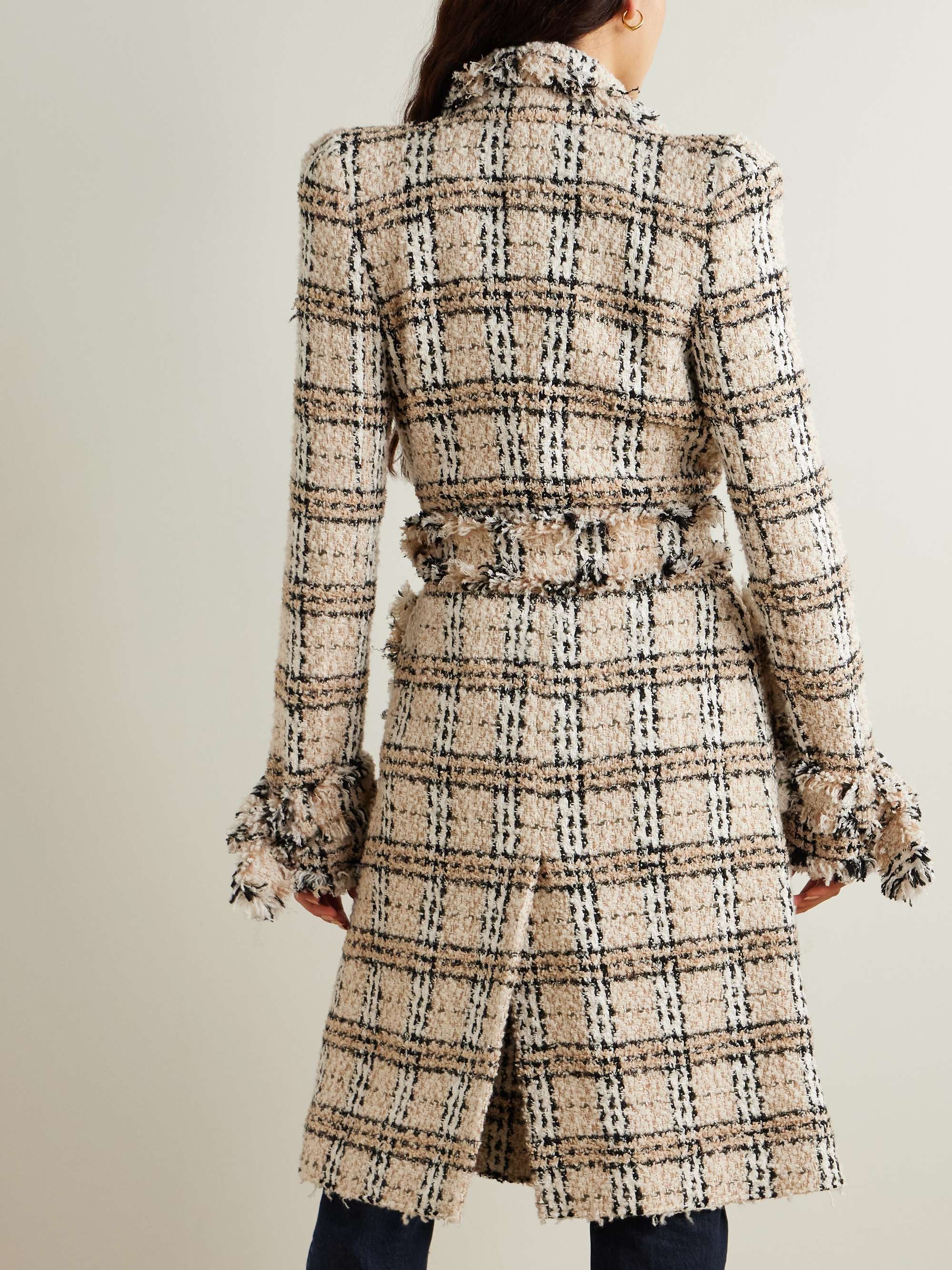 Double-breasted belted frayed metallic tweed coat view