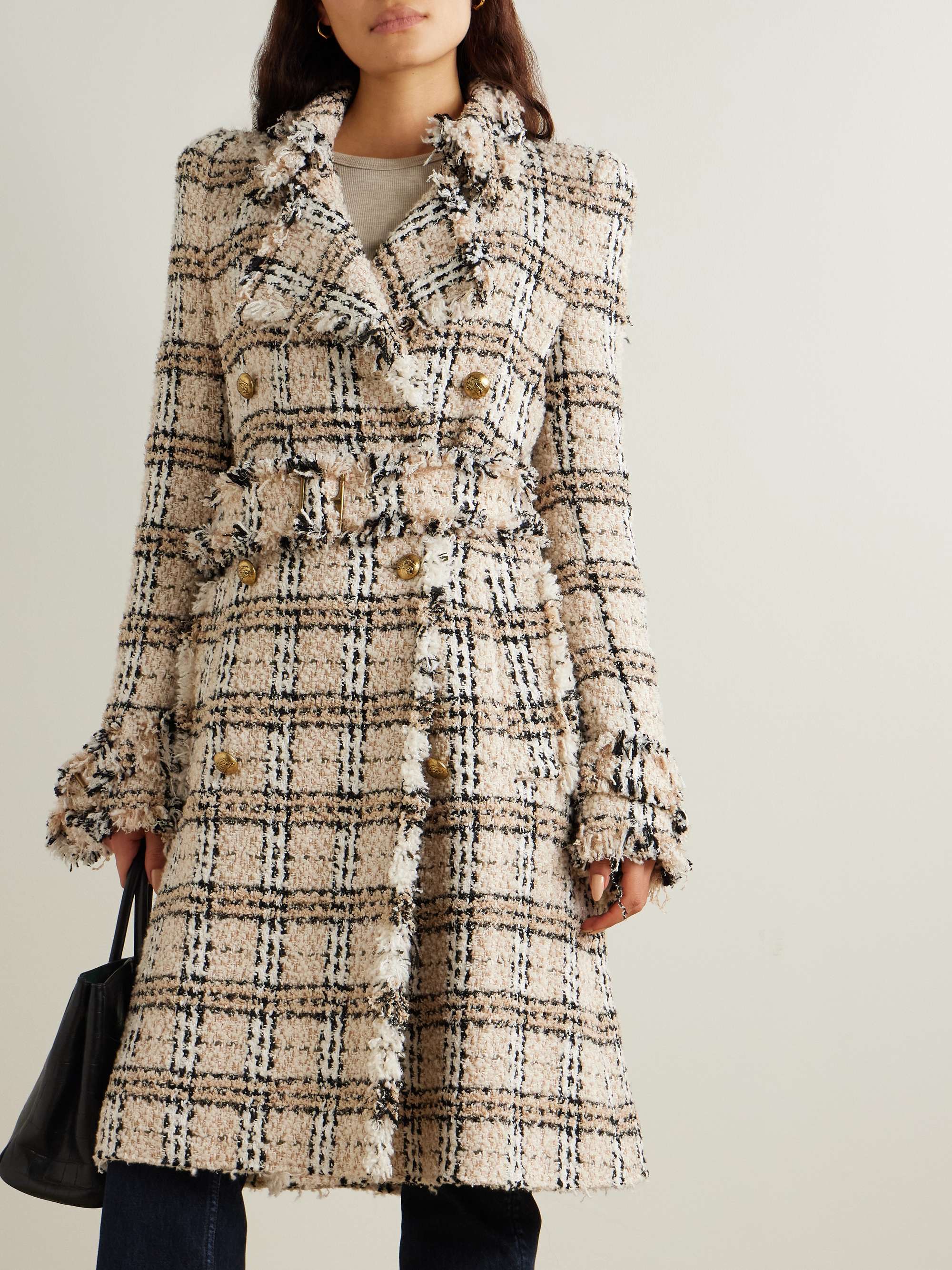 Double-breasted belted frayed metallic tweed coat view