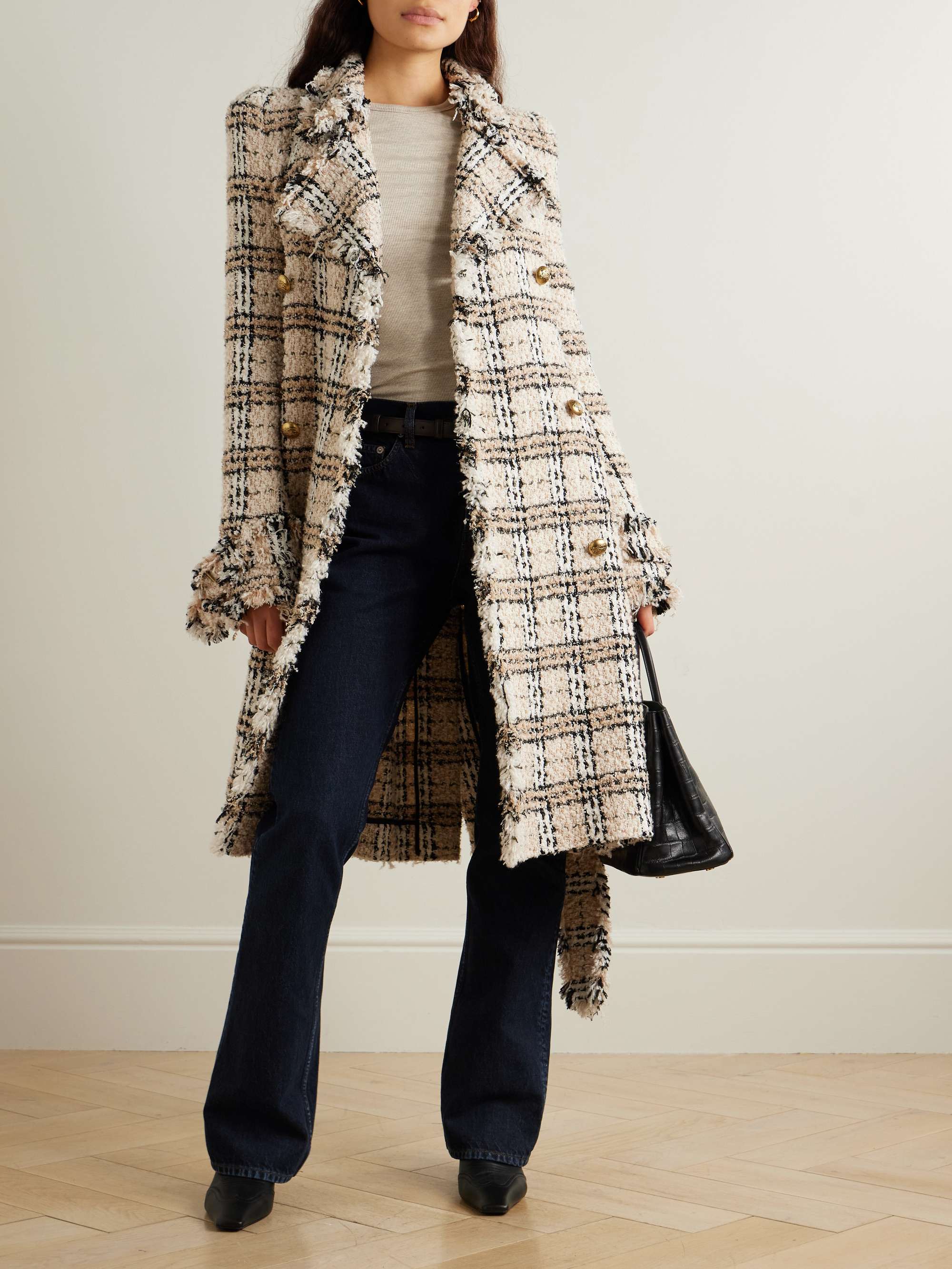 Double-breasted belted frayed metallic tweed coat view