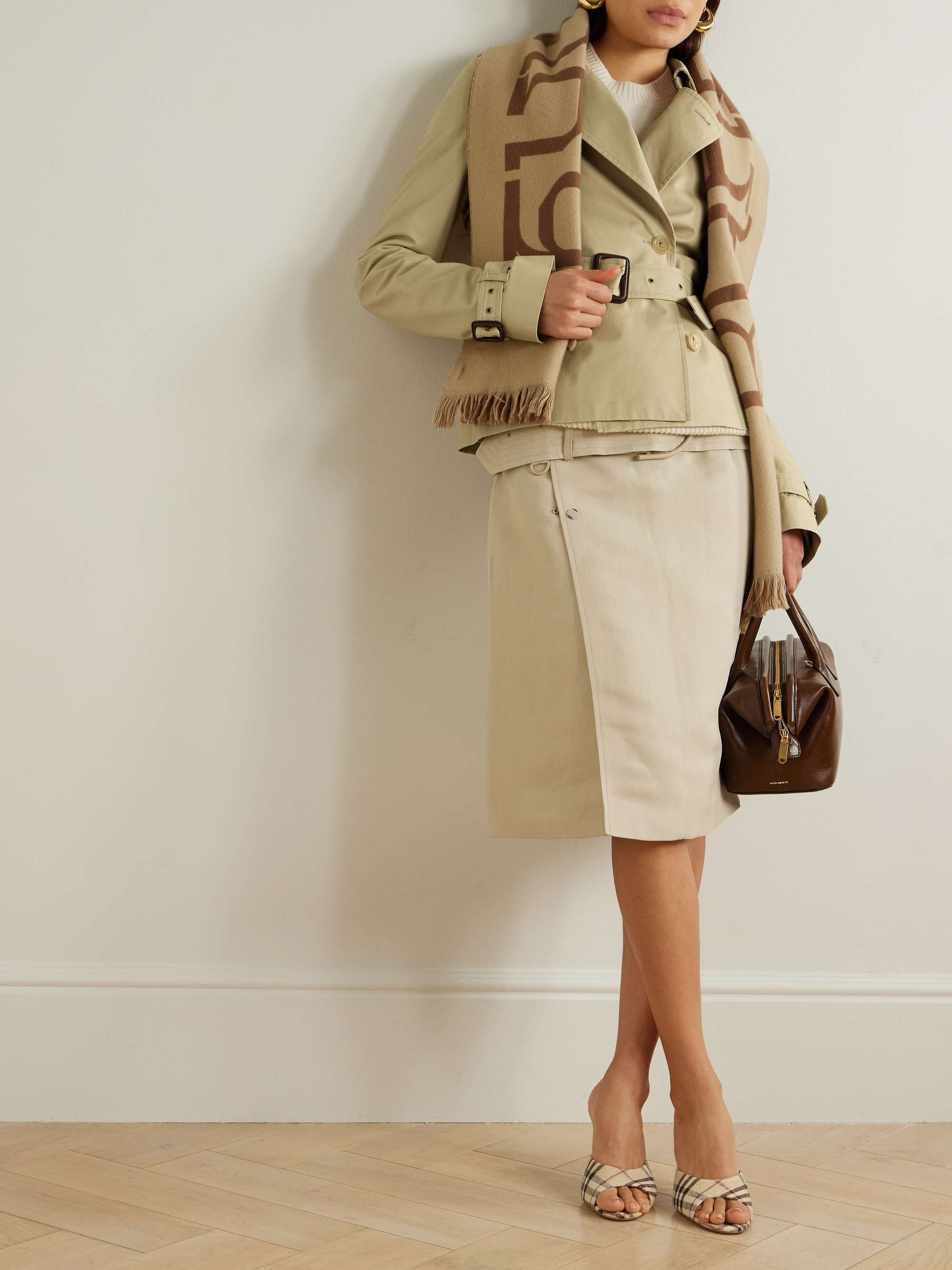 Waterloo cropped double-breasted leather-trimmed gabardine trench coat view
