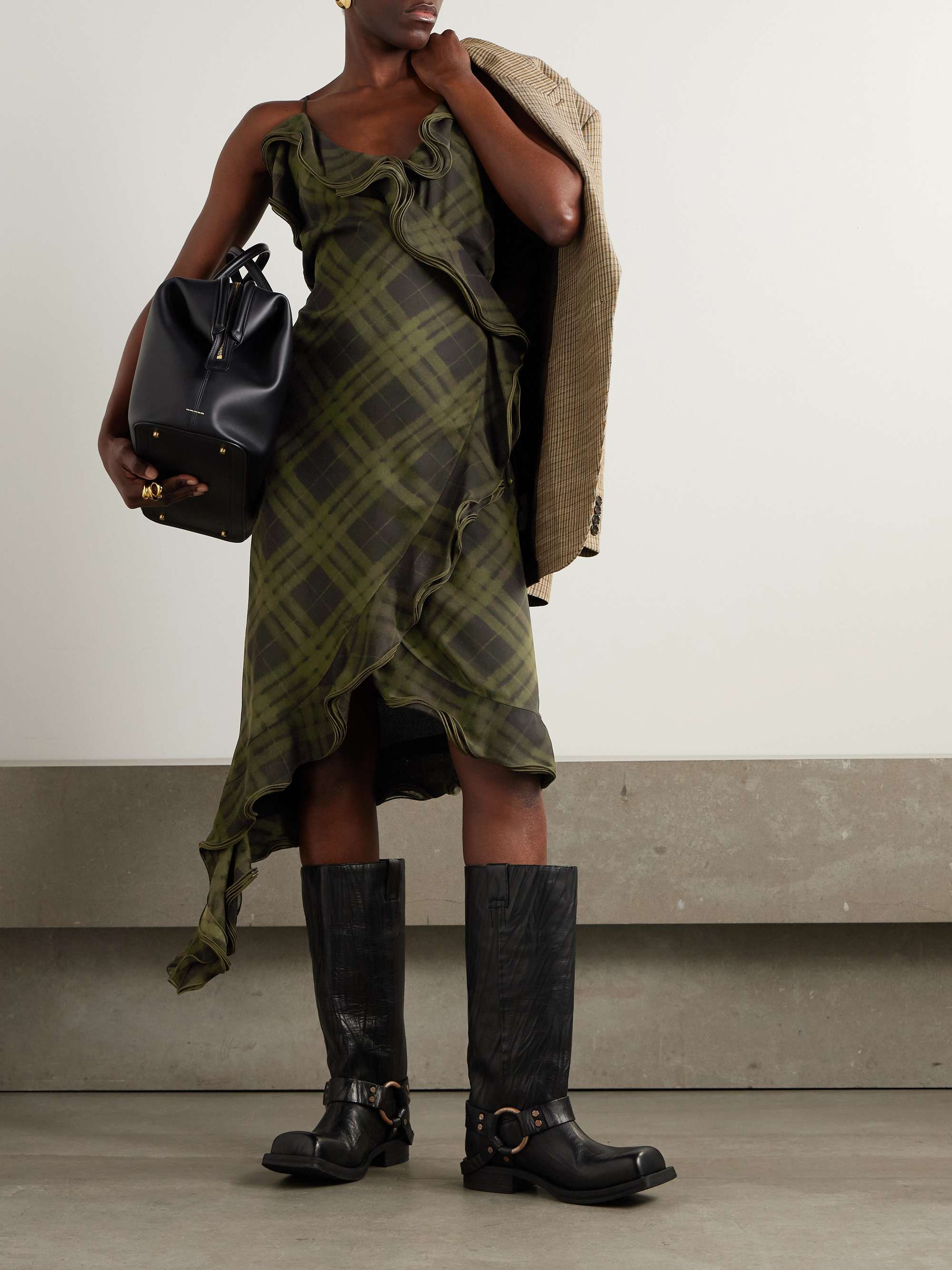 Asymmetric ruffled checked silk-crepe dress view