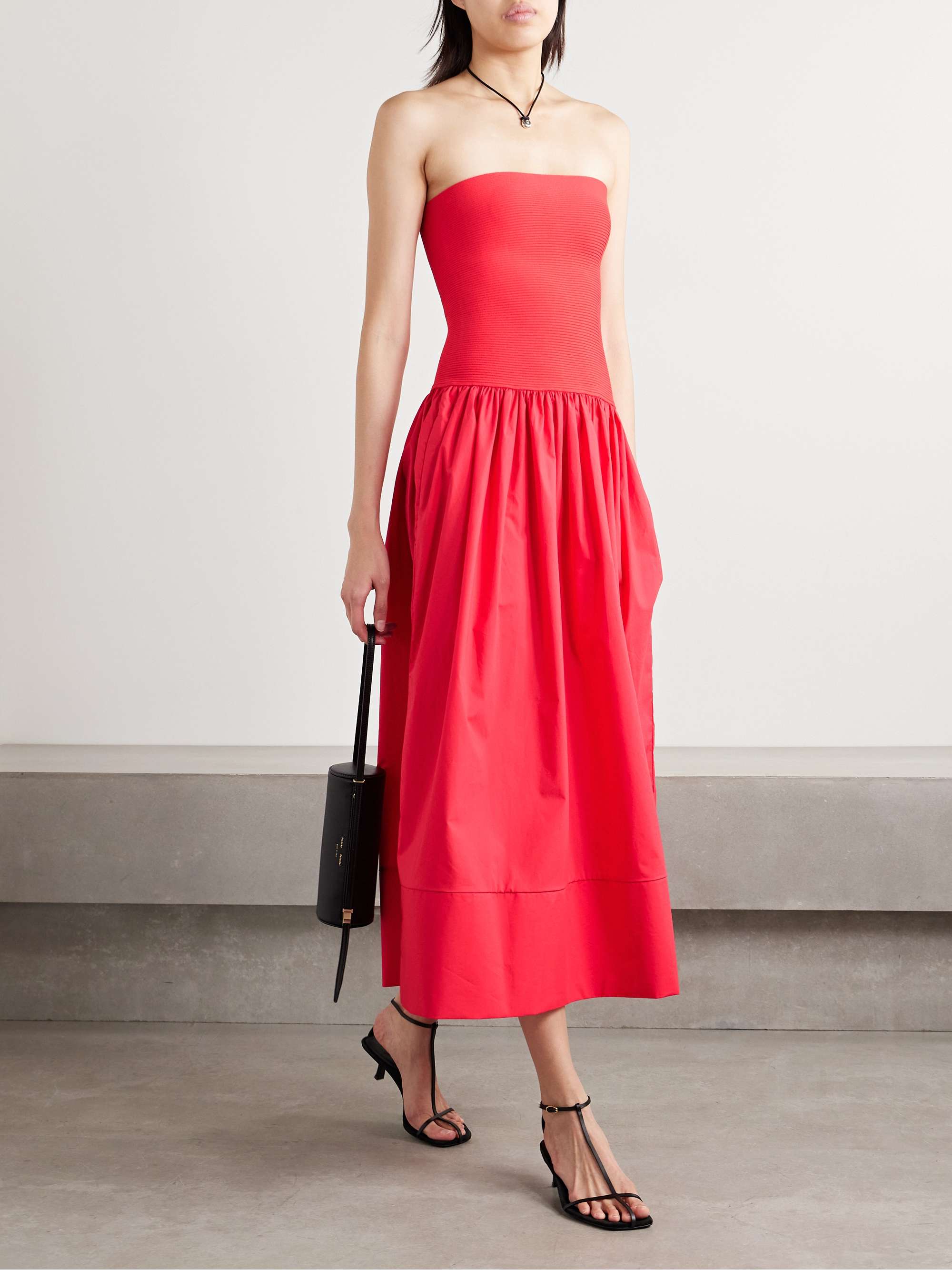 Glasbury strapless ribbed-knit and gathered cotton-poplin midi dress view