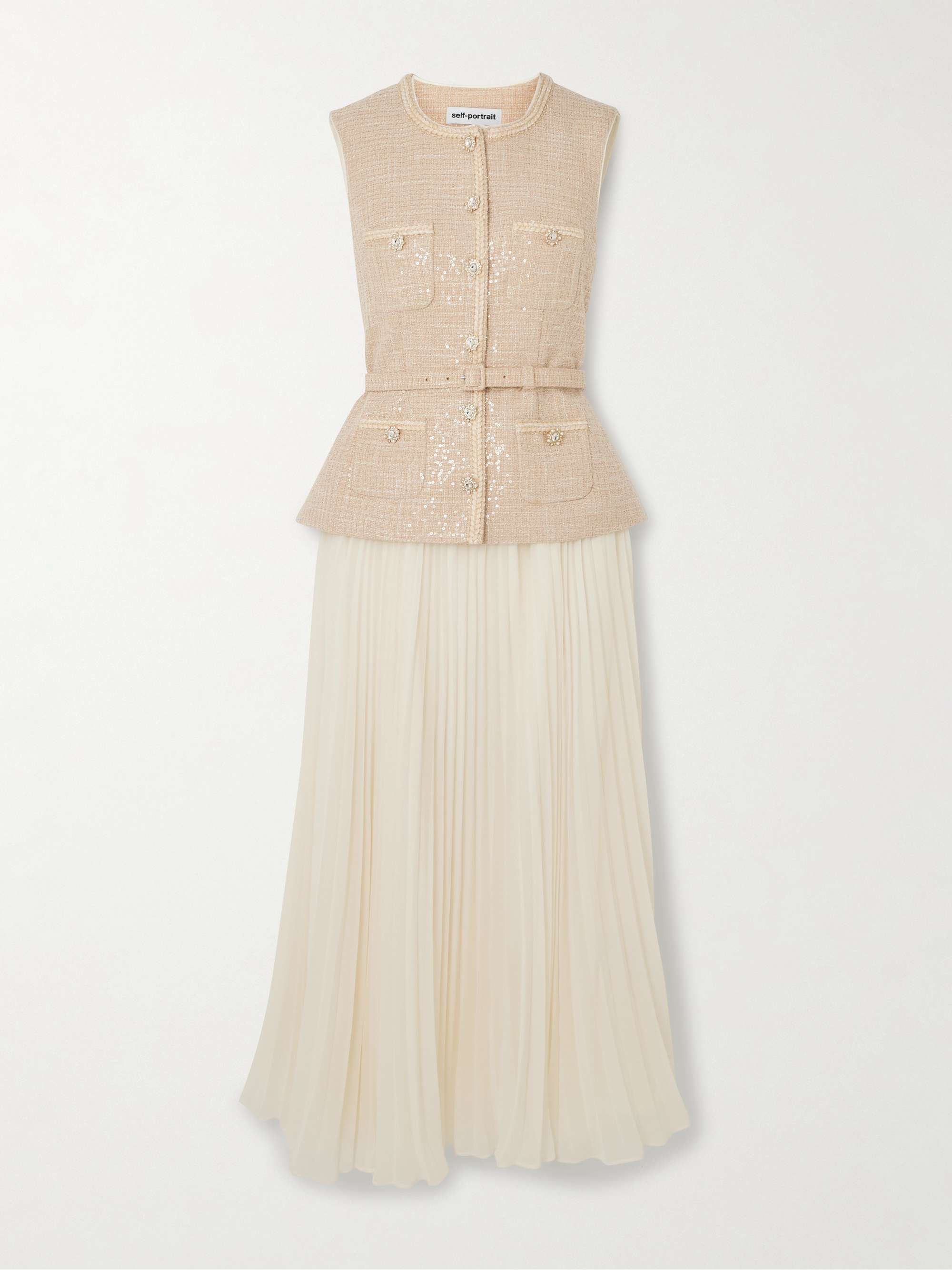 Belted layered crystal-embellished sequined bouclé and pleated chiffon midi dress view