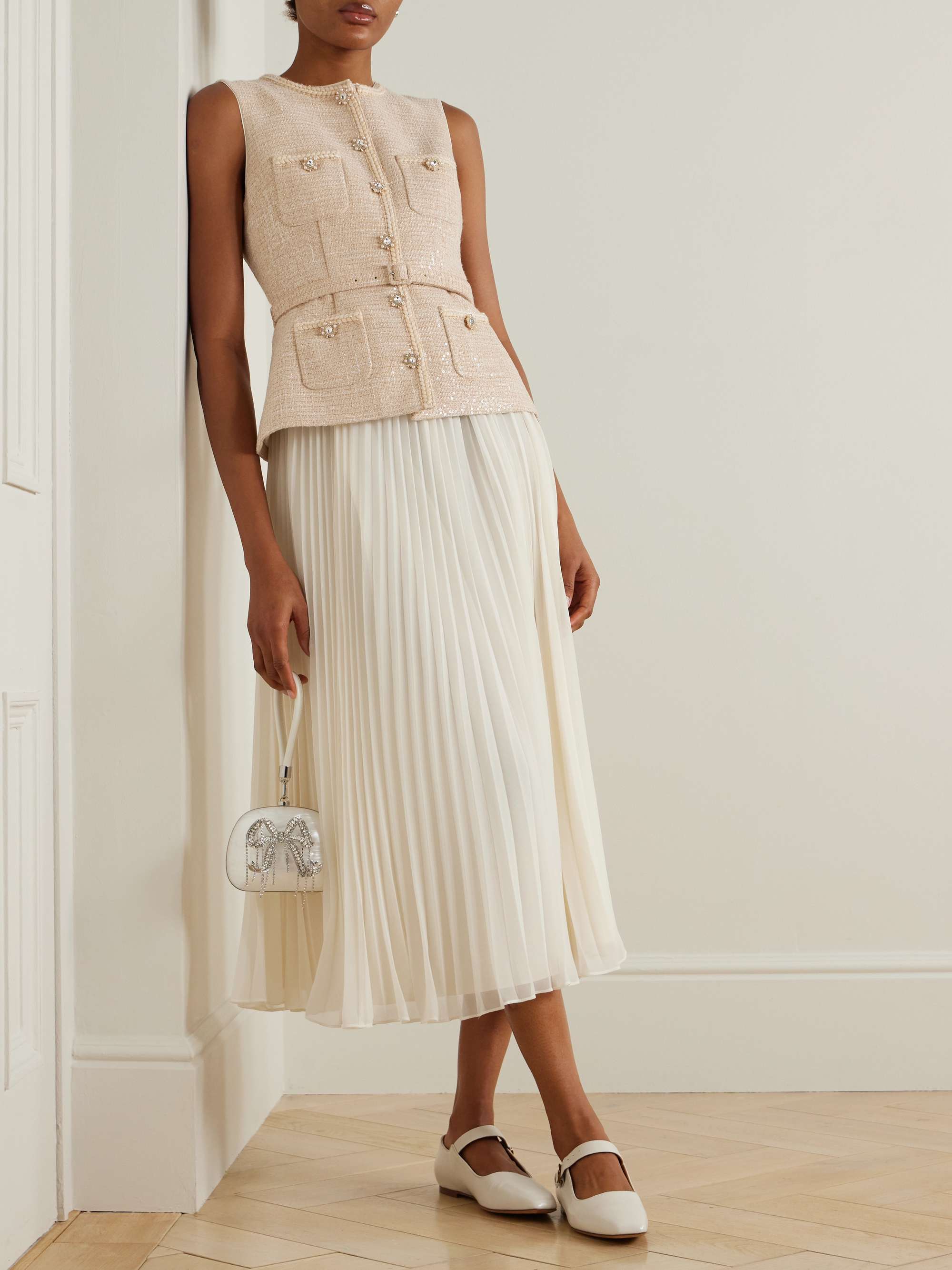 Belted layered crystal-embellished sequined bouclé and pleated chiffon midi dress view