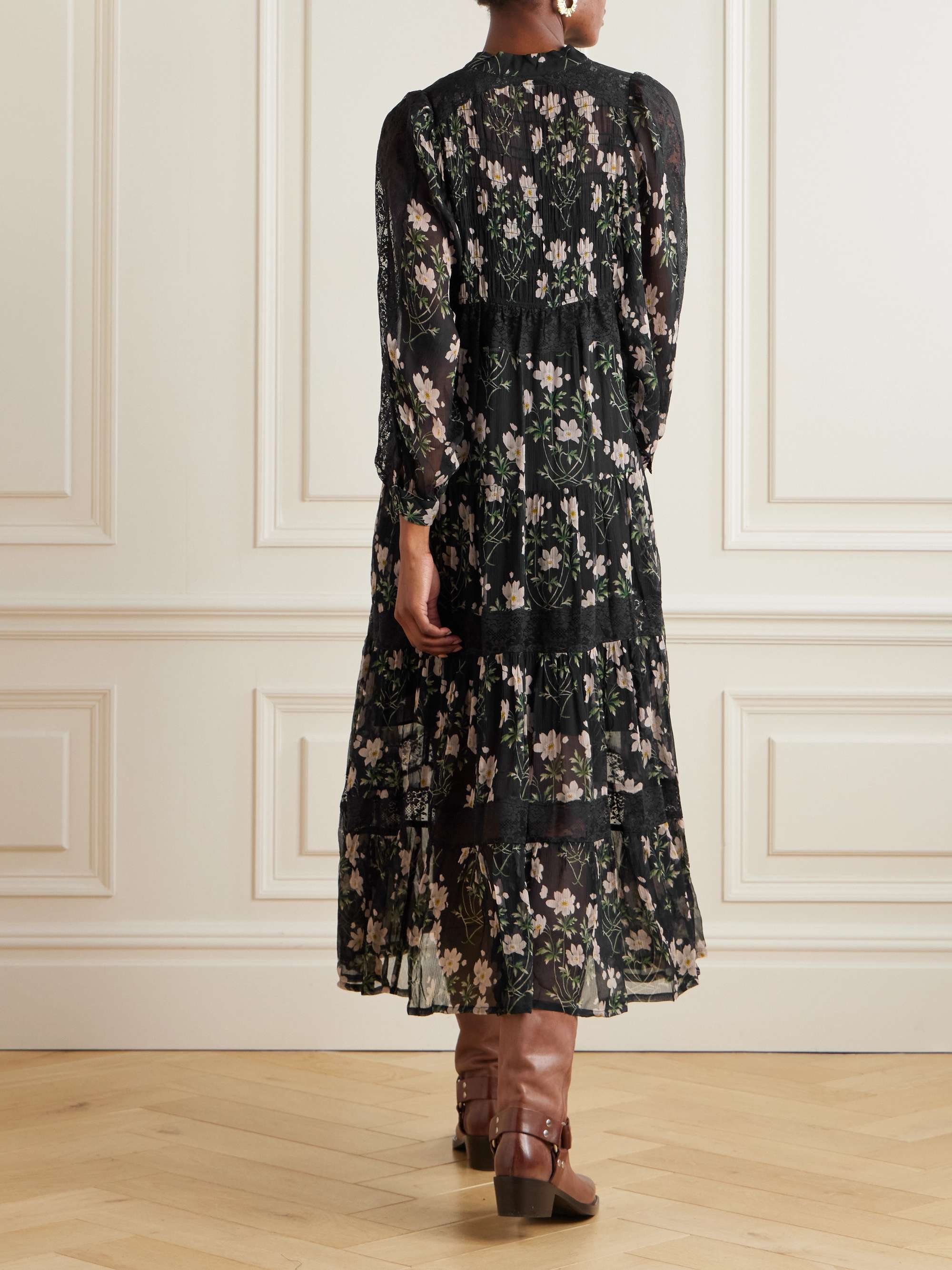 Elizabeth tiered lace-trimmed floral-print crepon midi dress view