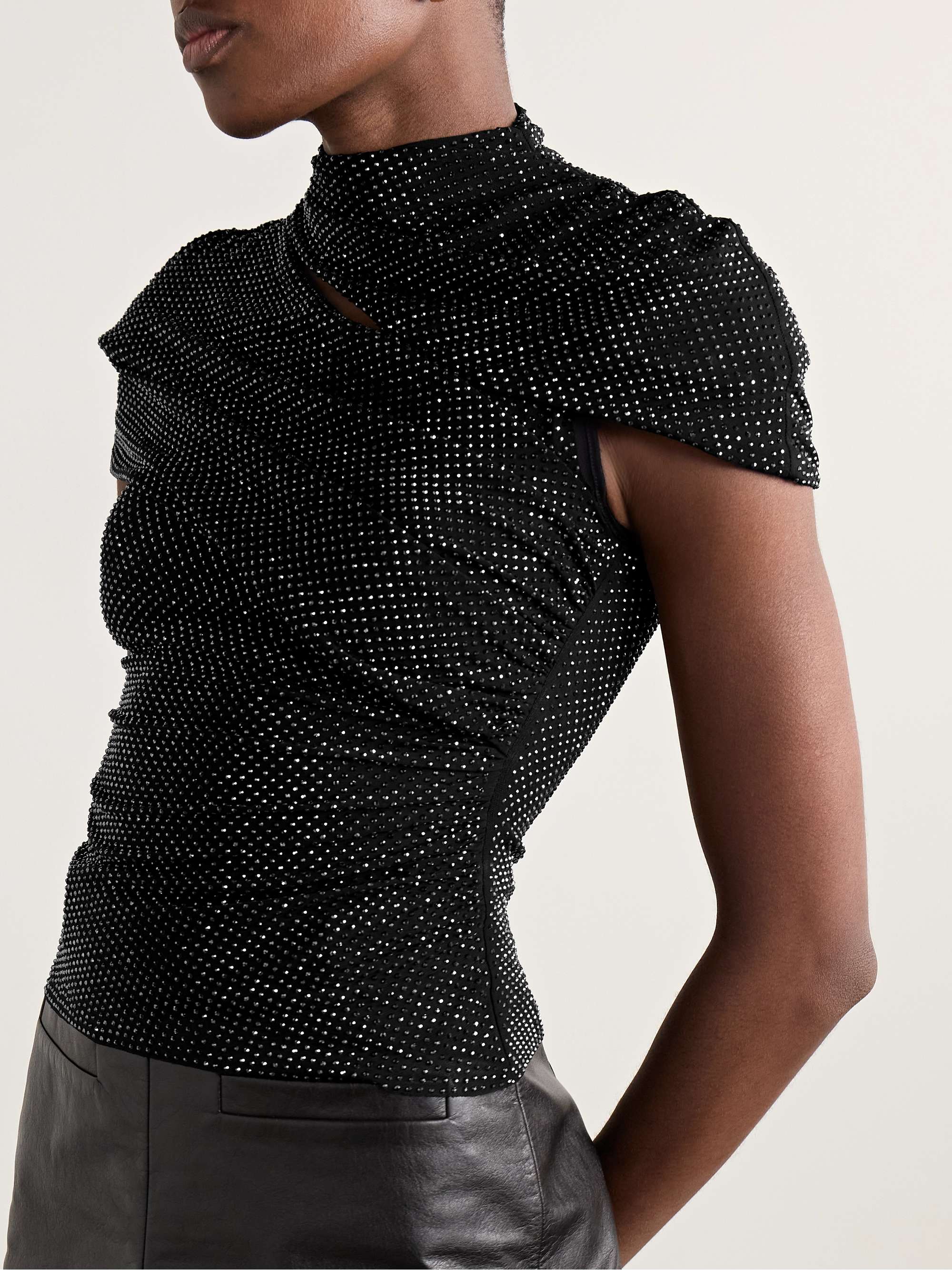 Cutout crystal-embellished mesh turtleneck top view