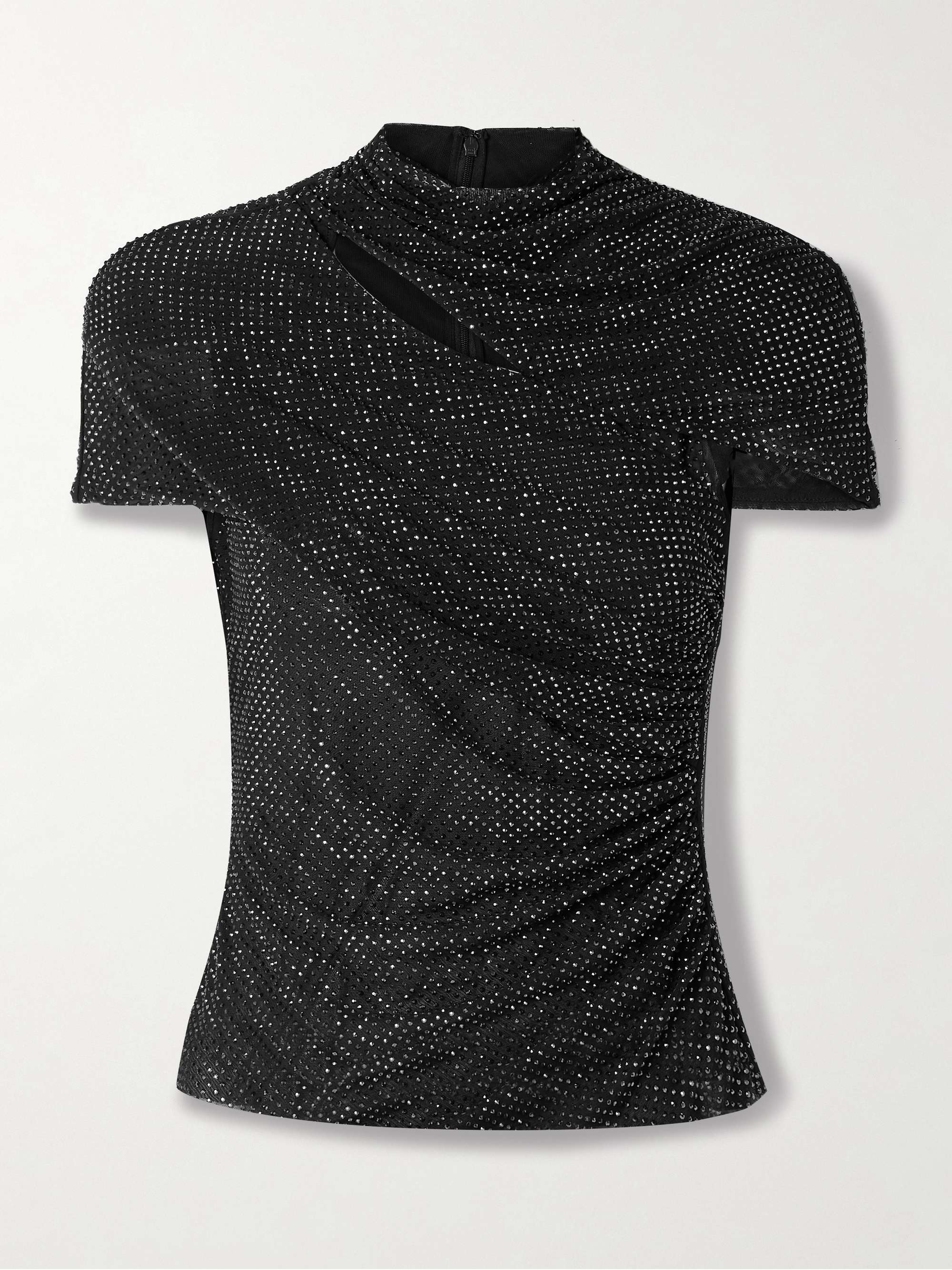 Cutout crystal-embellished mesh turtleneck top view