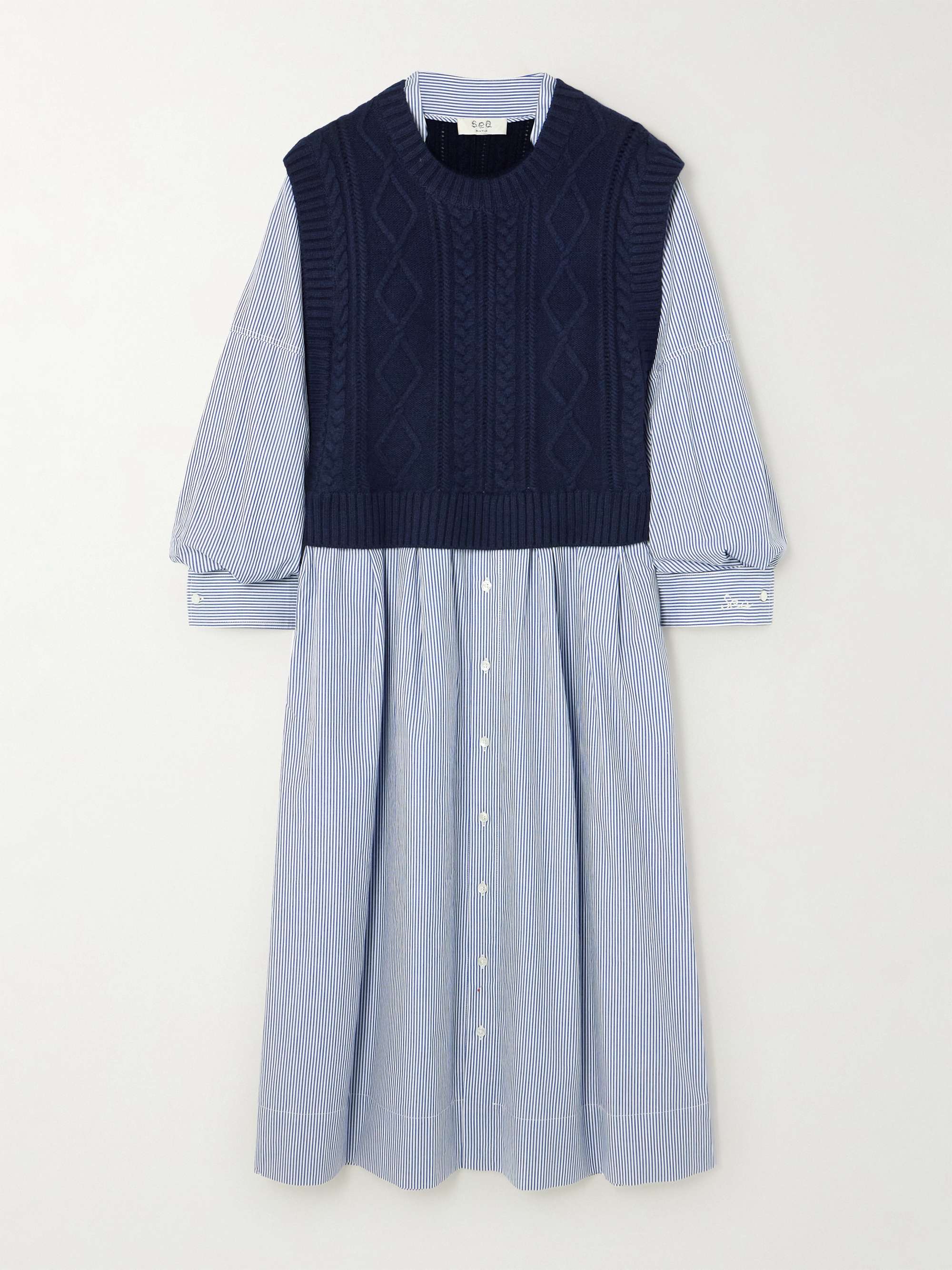 Caleb cable-knit merino wool and striped cotton-poplin midi dress view