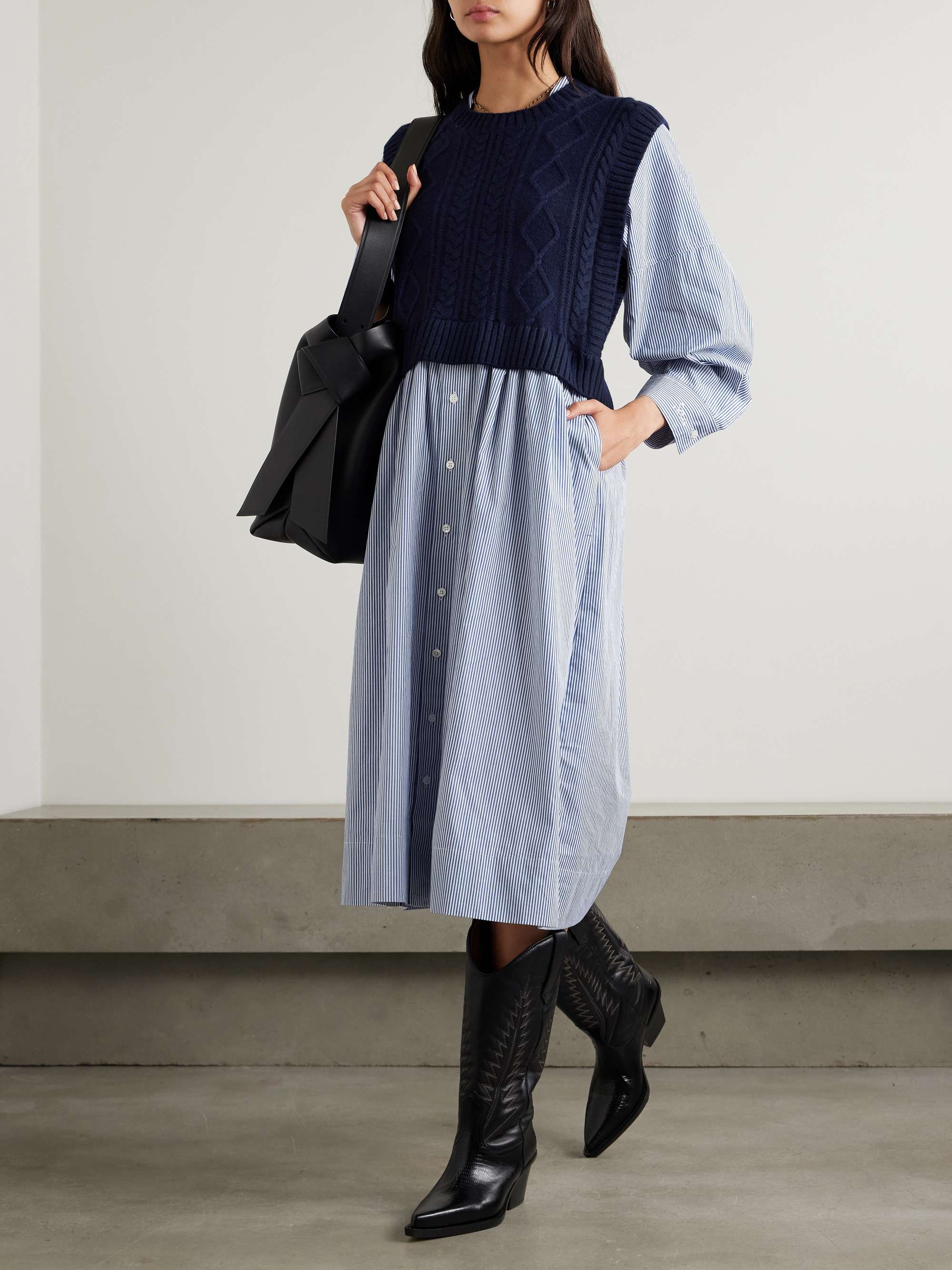 Caleb cable-knit merino wool and striped cotton-poplin midi dress view