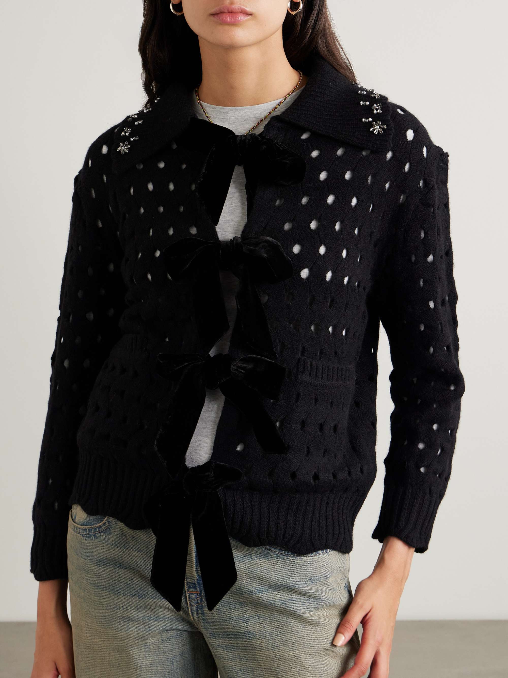 Leia embellished velvet-trimmed open-knit wool cardigan view