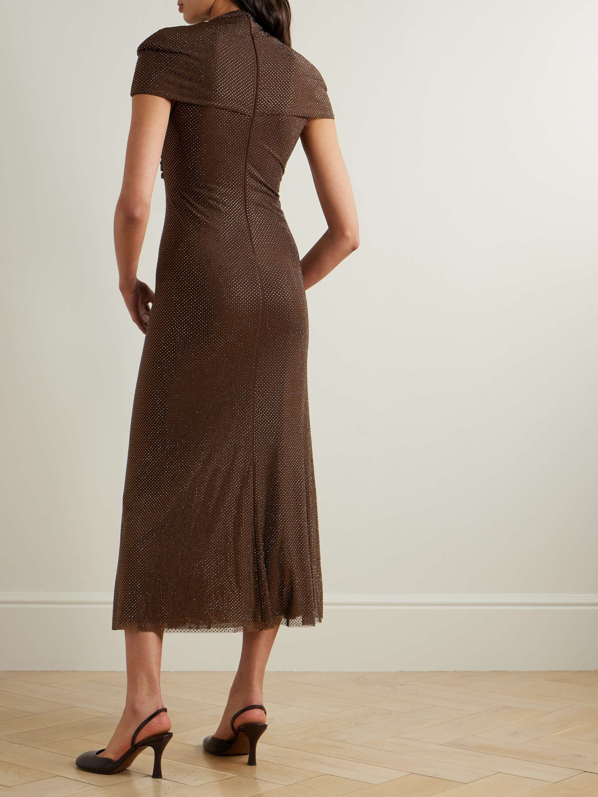 Crystal-embellished ruched cutout stretch-mesh midi dress view