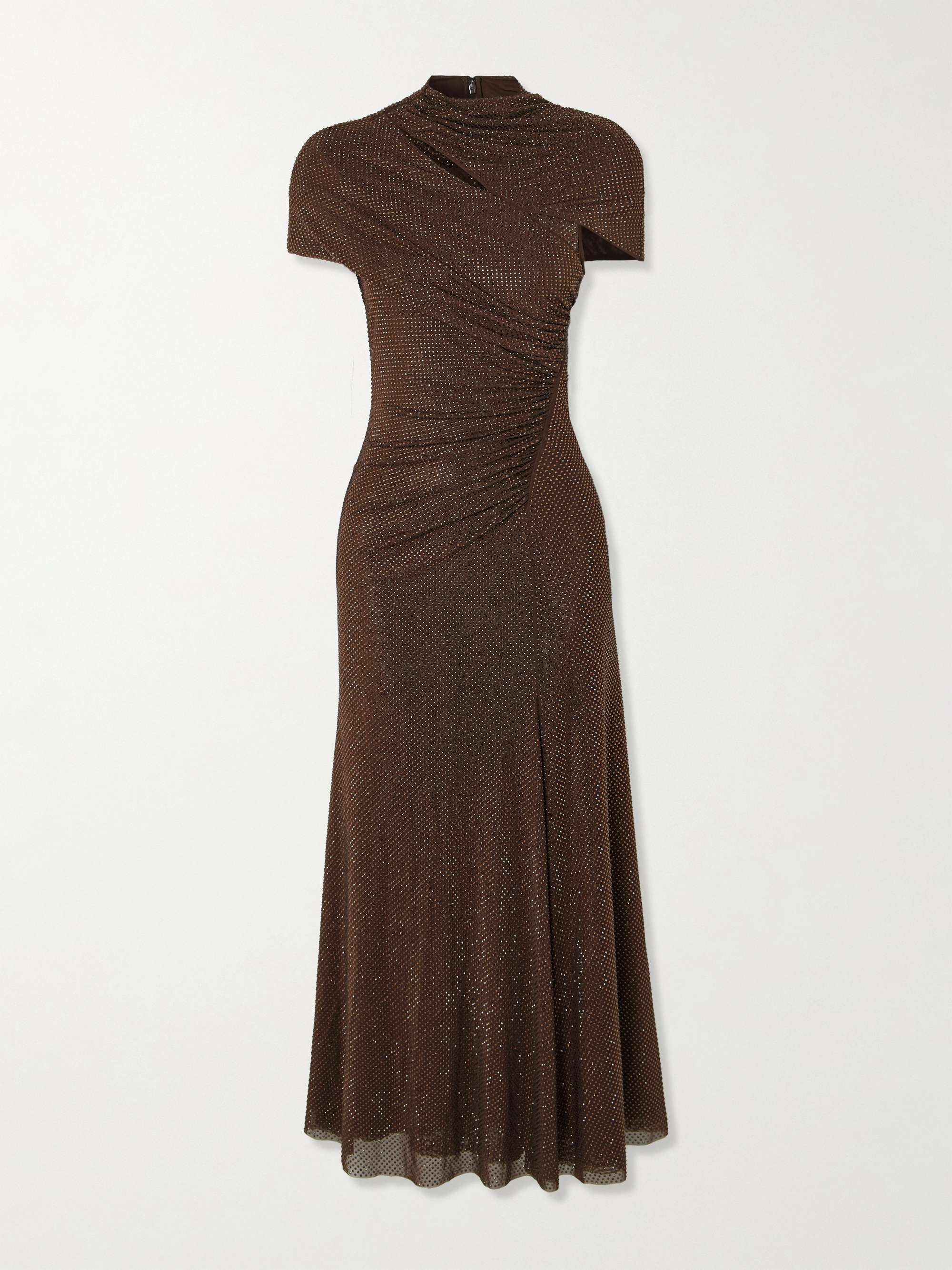 Crystal-embellished ruched cutout stretch-mesh midi dress view