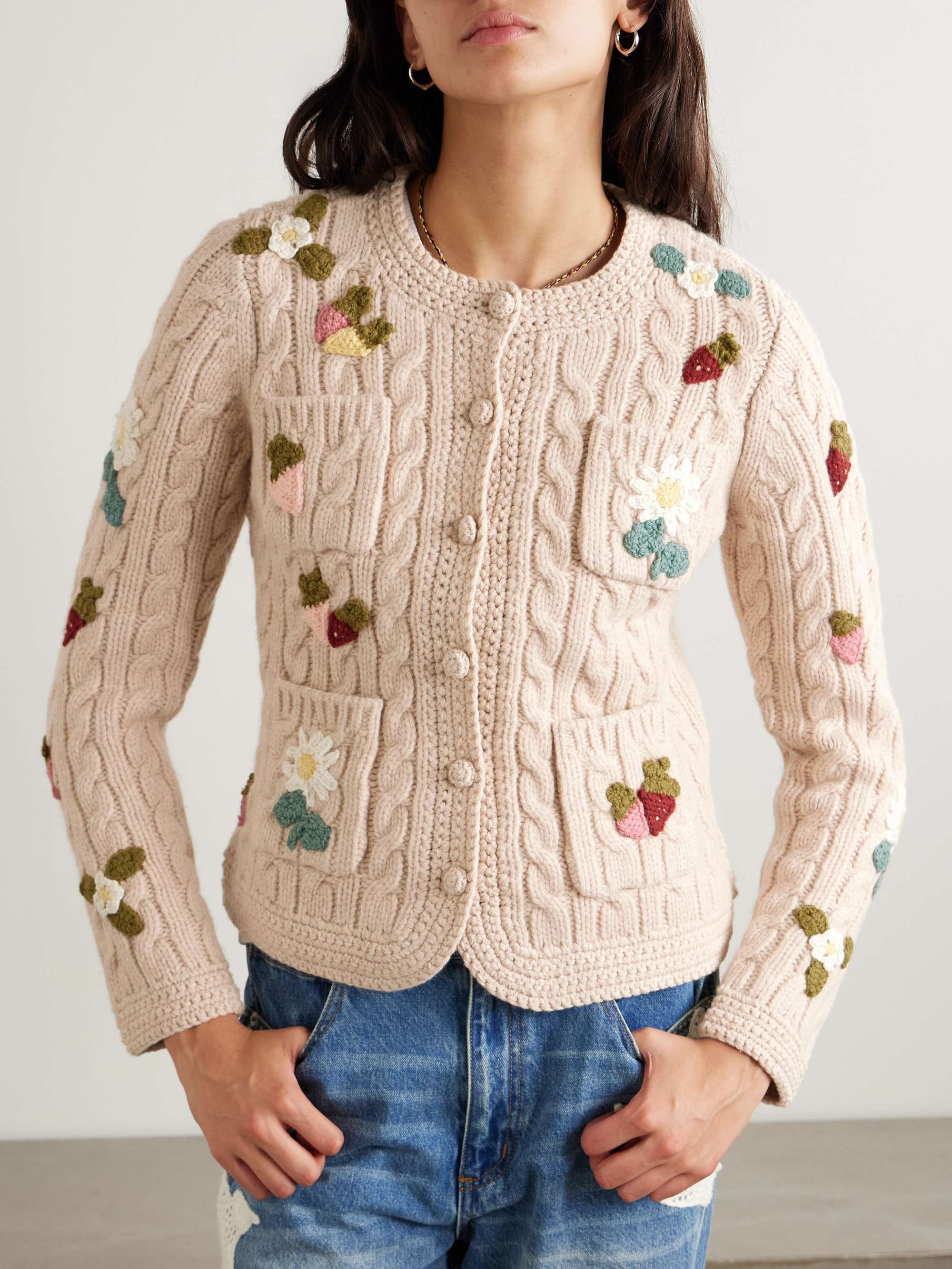 Callie appliquéd cable-knit wool cardigan view