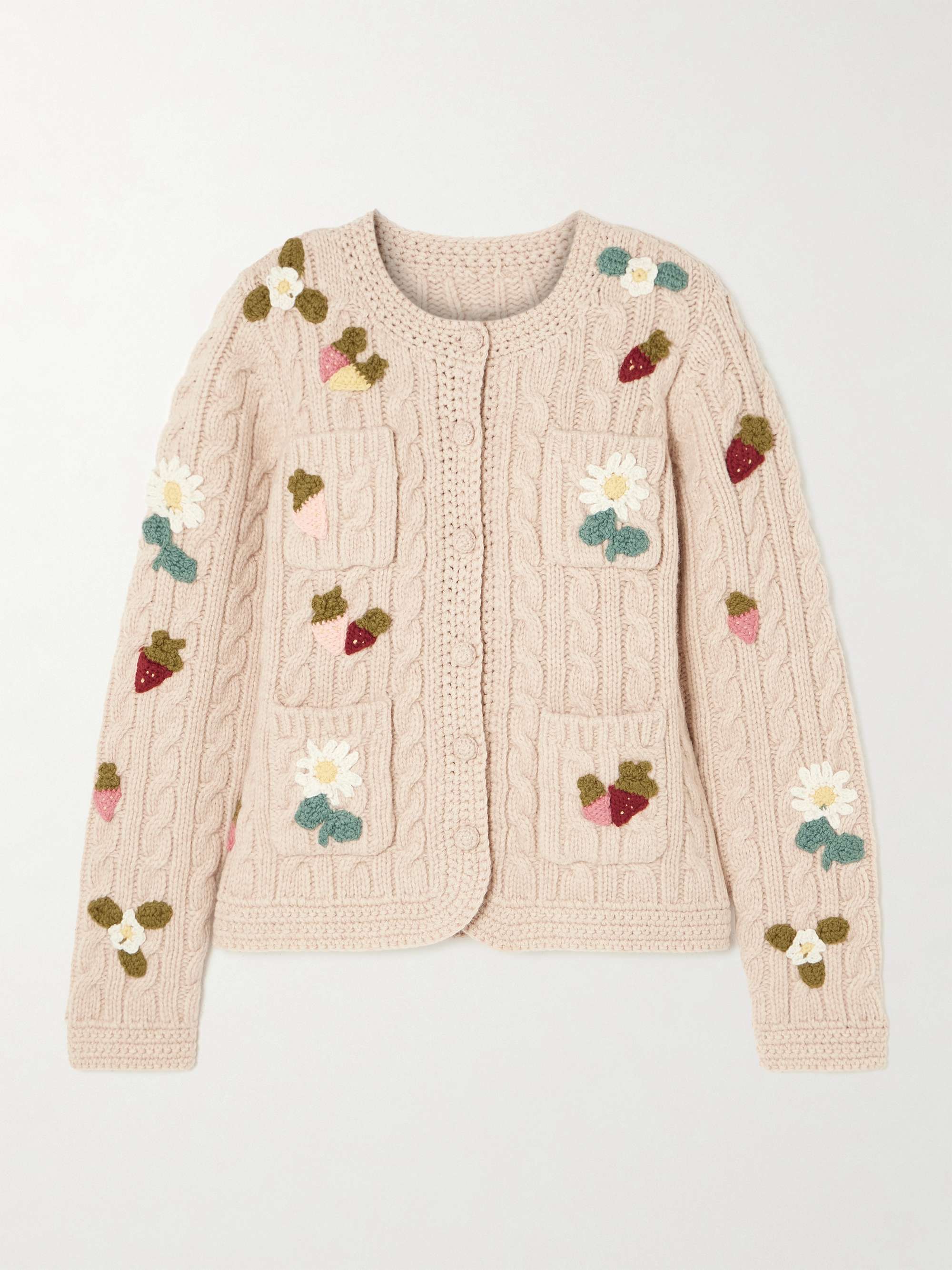 Callie appliquéd cable-knit wool cardigan view