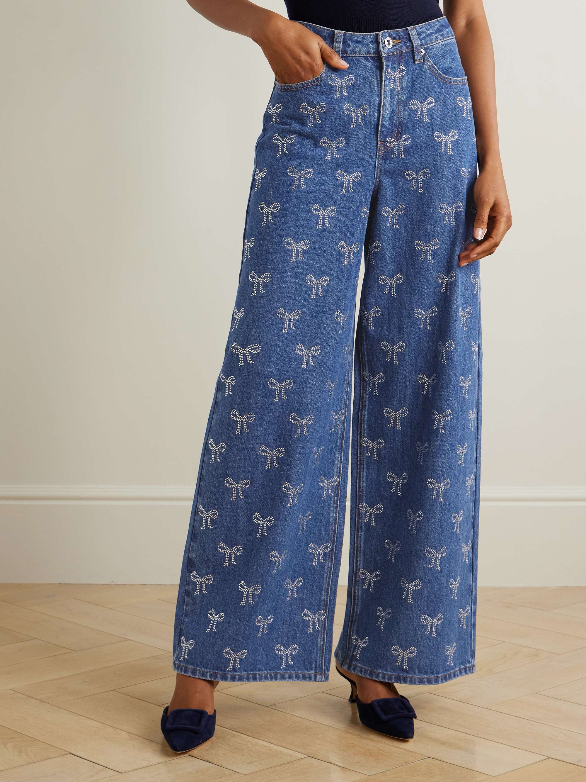 Crystal-embellished high-rise wide-leg jeans view