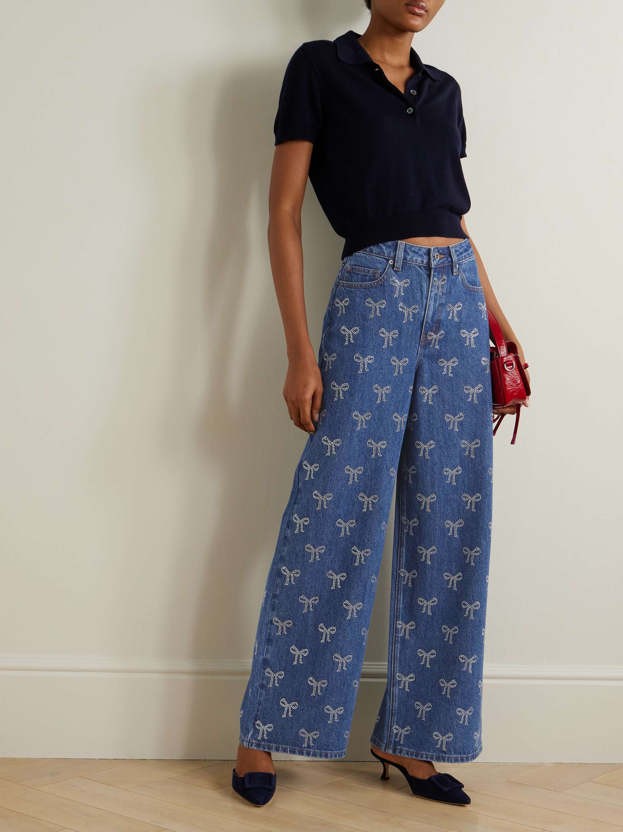 Crystal-embellished high-rise wide-leg jeans view