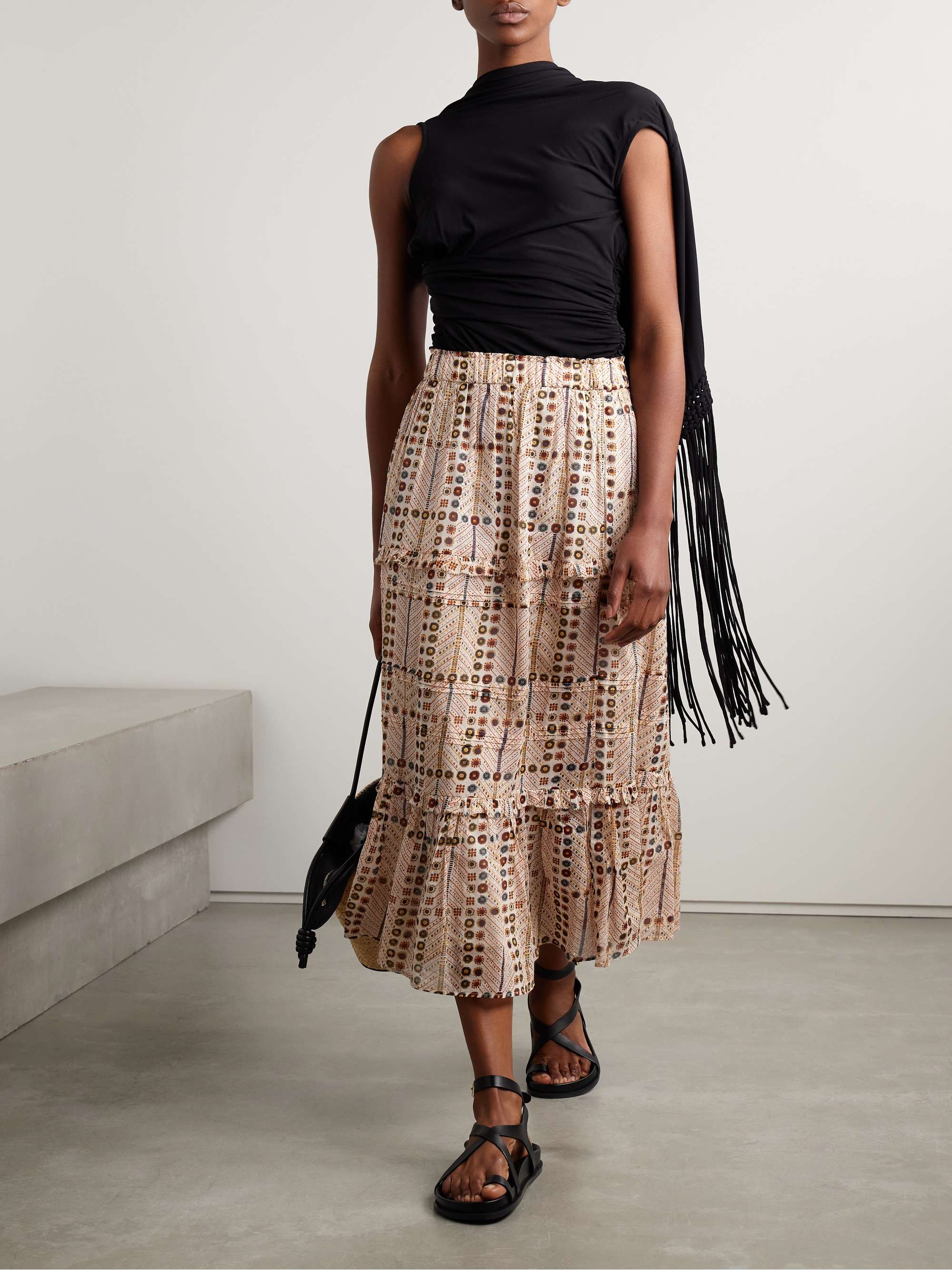 Diya tiered printed cotton-voile midi skirt view