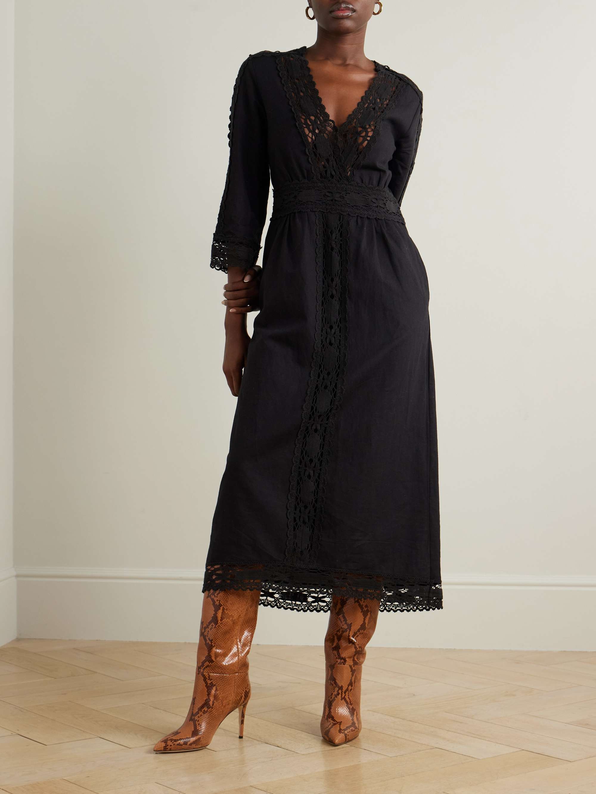 Veona lace-trimmed linen and cotton-blend midi dress view
