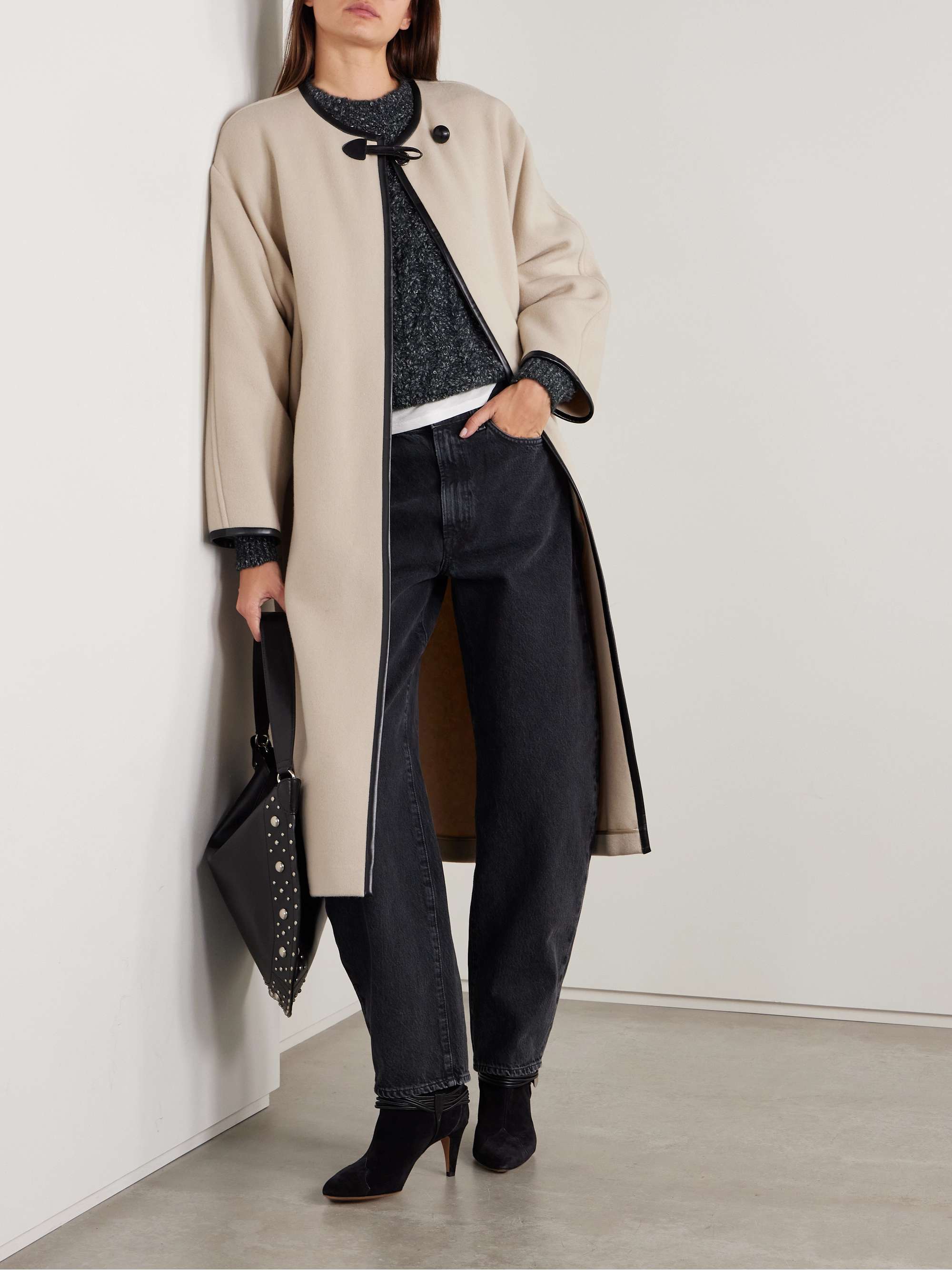 Elza oversized faux leather-trimmed wool-blend felt coat view
