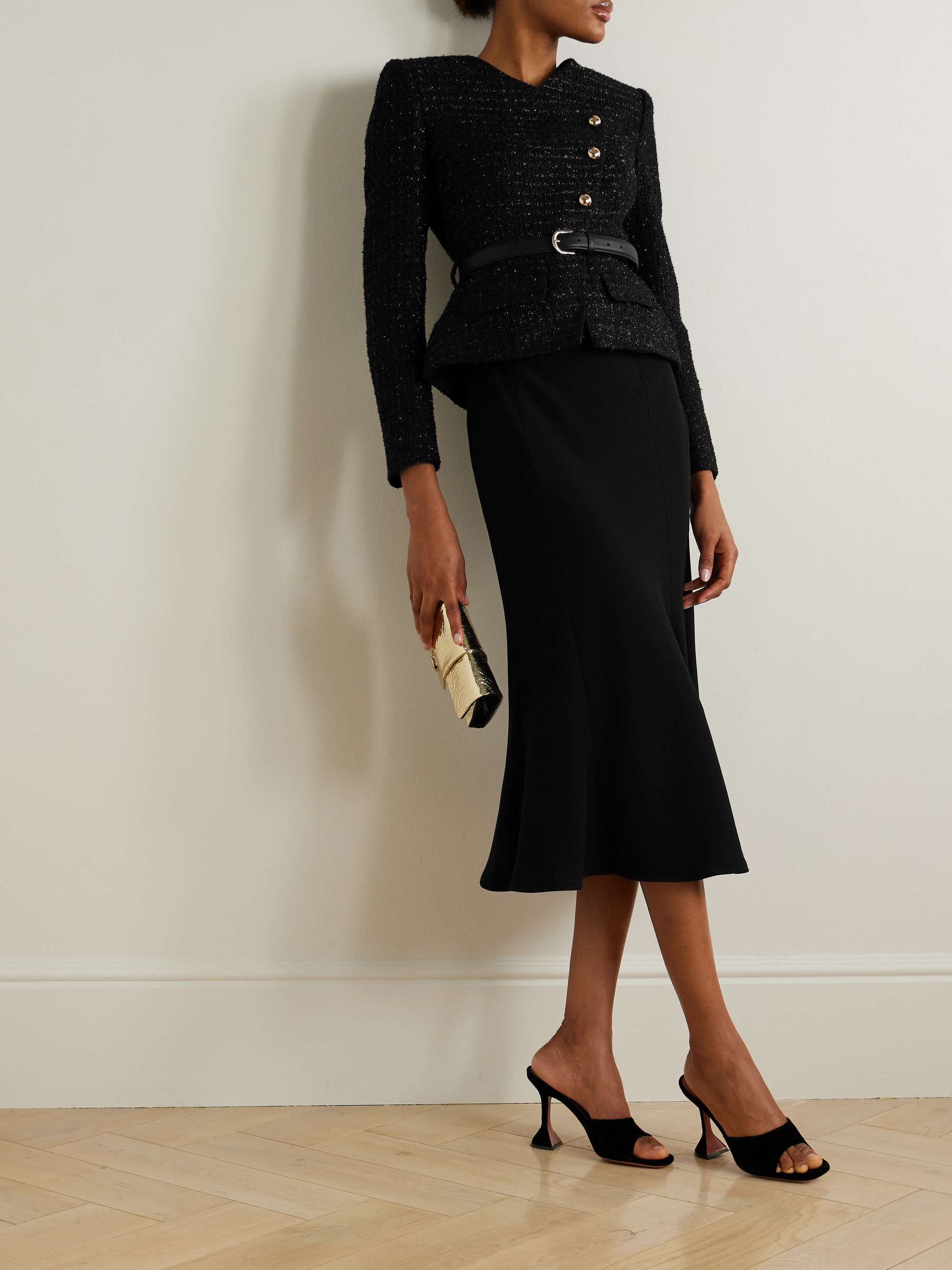 Belted layered sequined bouclé and satin midi dress view